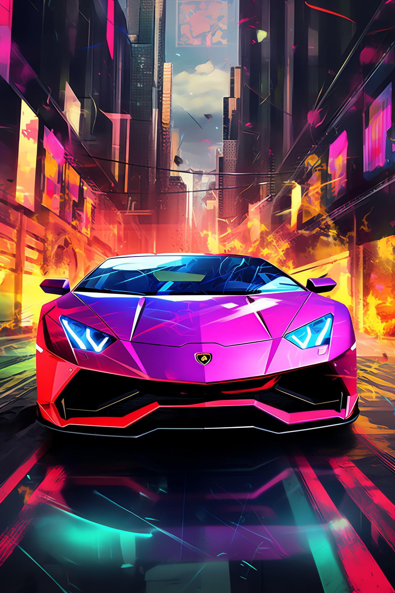 Lamborghini innovation, Tri-tone dynamism, Urban futuristic setting, Bold aesthetics, Automotive artistry, HD Phone Wallpaper