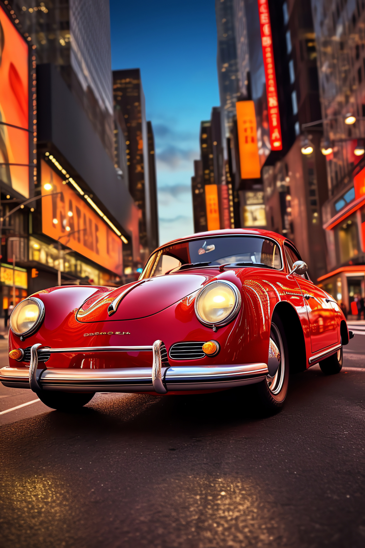 Porsche 356 city vibe, New York's Times Square, Urban coupe style, Billboards illumination, American streets, HD Phone Wallpaper