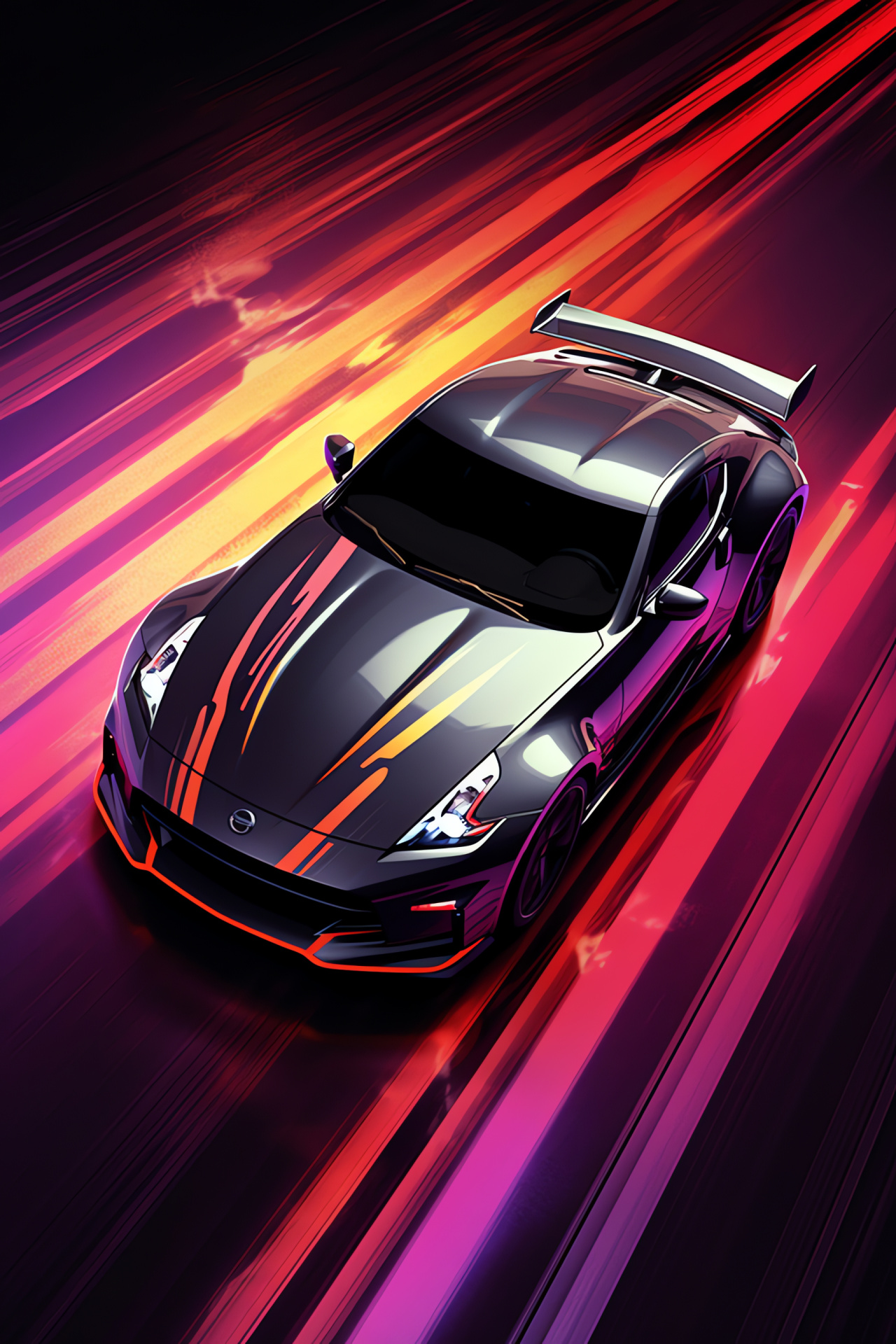 Nissan 370Z sports car, Neon track illumination, Professional racing circuit, Dynamic vehicle design, Speed competition, HD Phone Image