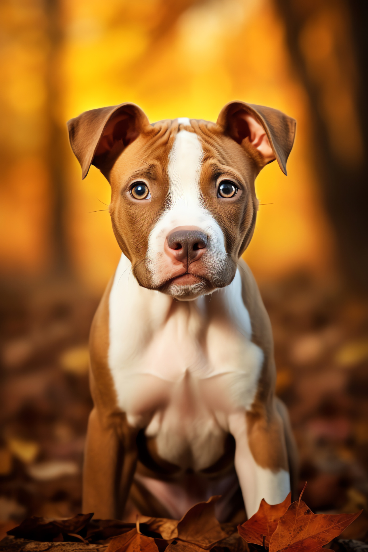 Pitbull Terrier pup, Canine innocence, Interest, Tri-colored environment, Soft-furred terrier, HD Phone Image