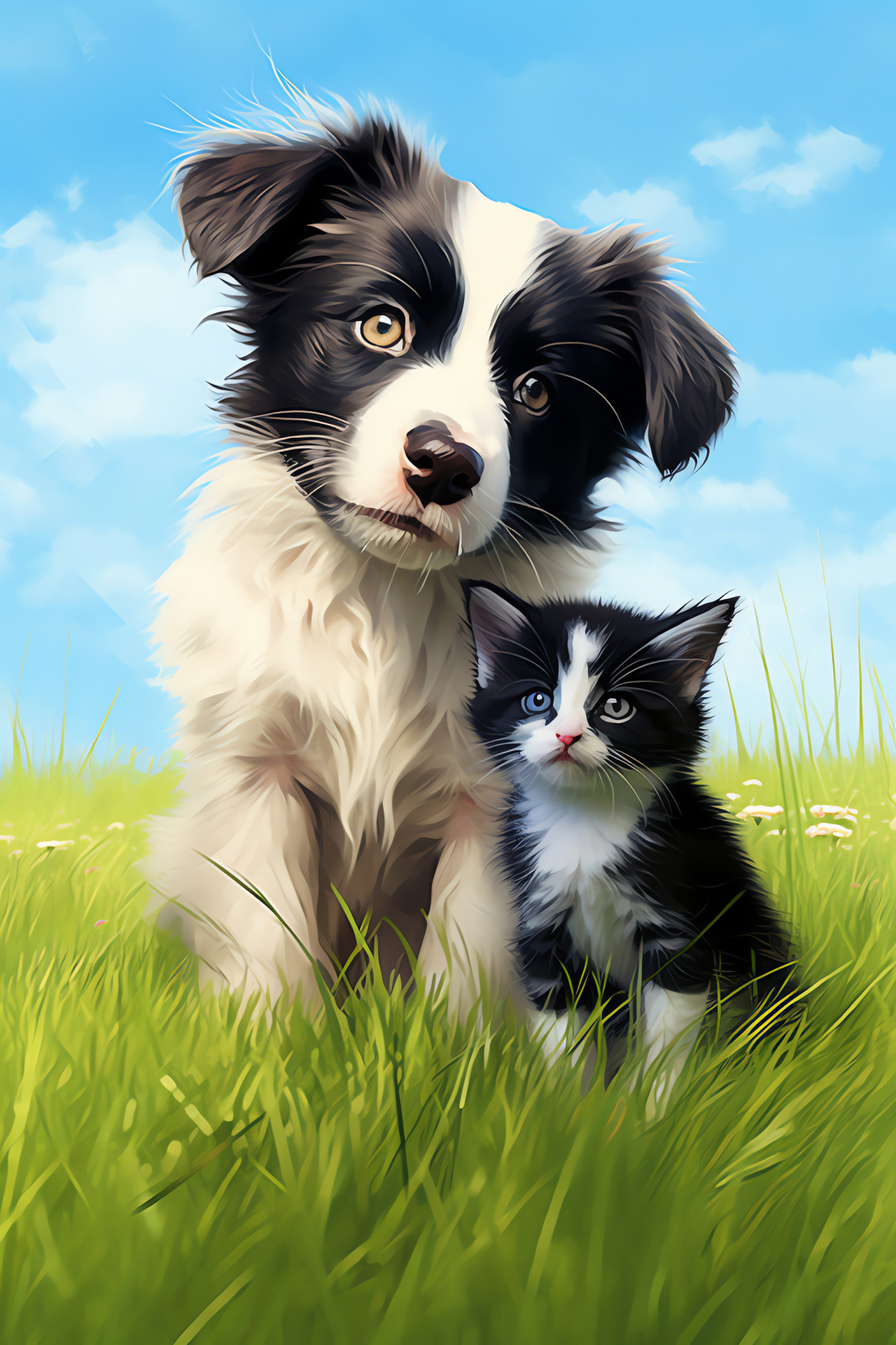 Youthful Australian Shepherd trait, Shepherd's piercing blue gaze, Tuxedo kitten feature, Bicolor fur contrast, Domestic animal pairing, HD Phone Wallpaper