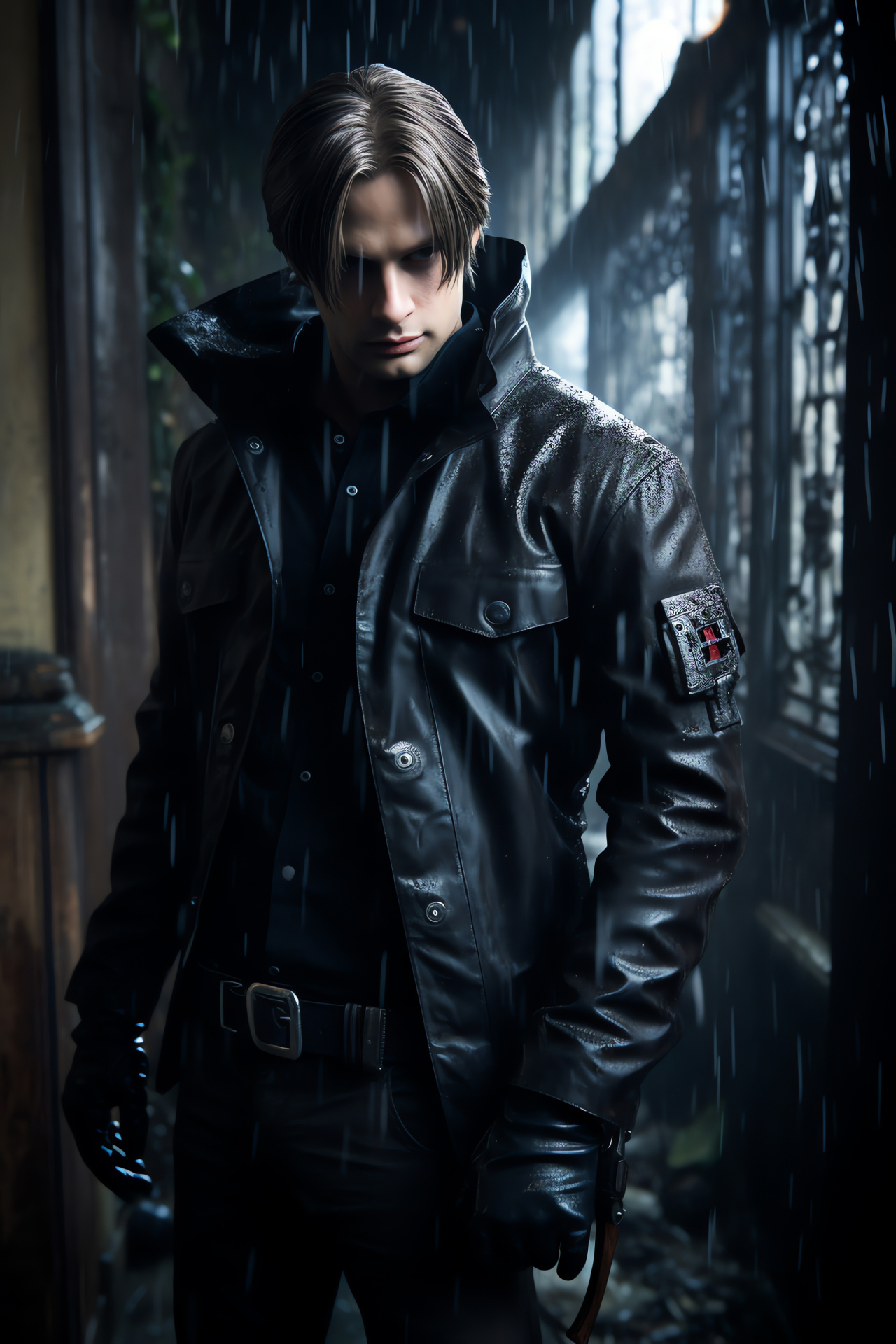 Resident Evil's Leon S. Kennedy, Law enforcement gear, Forsaken structure exploration, Subdued illumination, Survival suspense, HD Phone Wallpaper