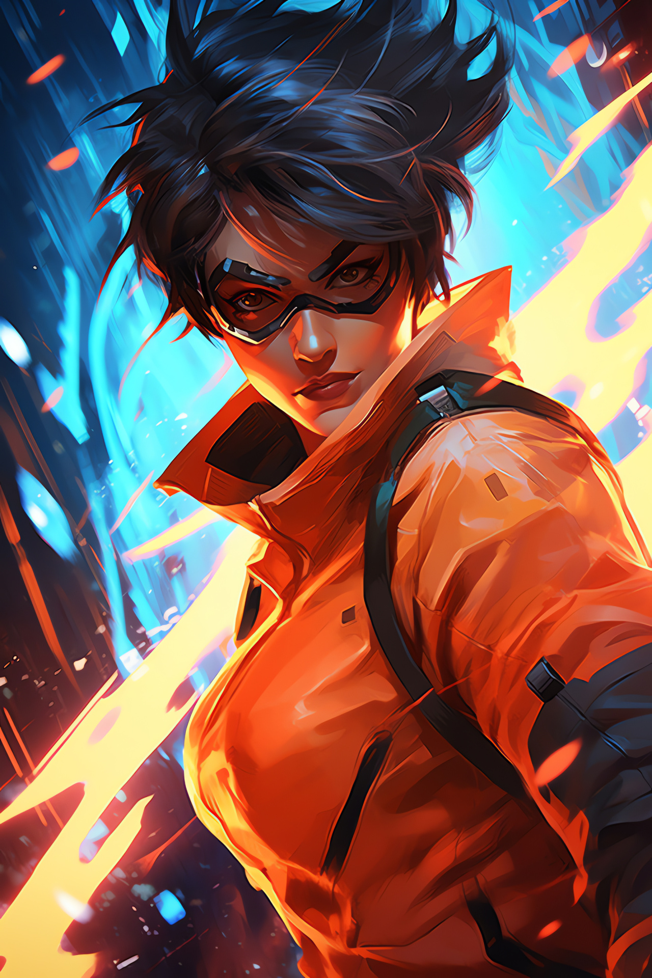 Time warping, Overwatch urban combat, Hero in orange attire, Dynamic game environment, Illustrative gamer scene, HD Phone Image