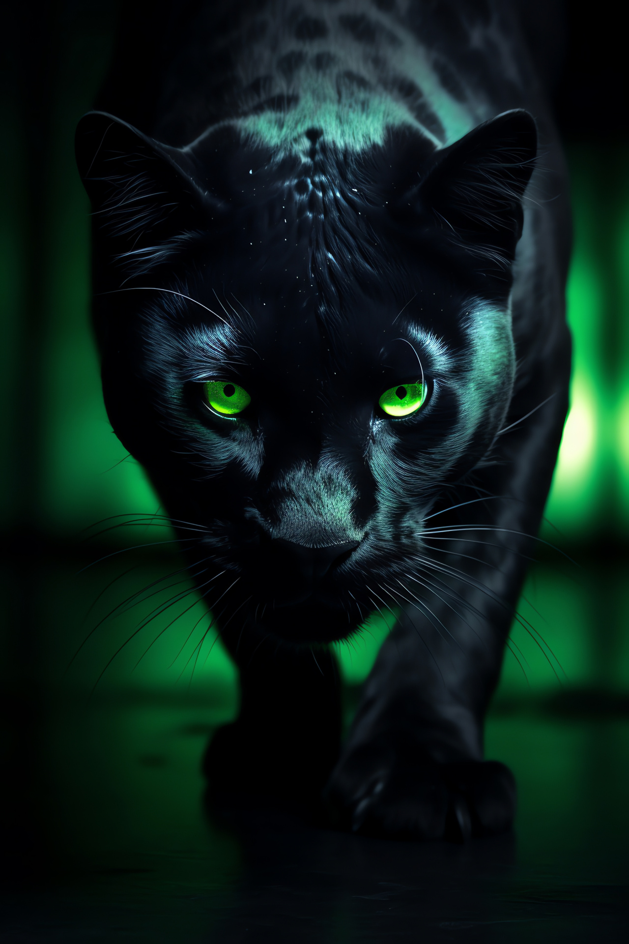 Black Panther, emerald gaze, abyssal fur, neon contour, embodiment of stealth, HD Phone Image