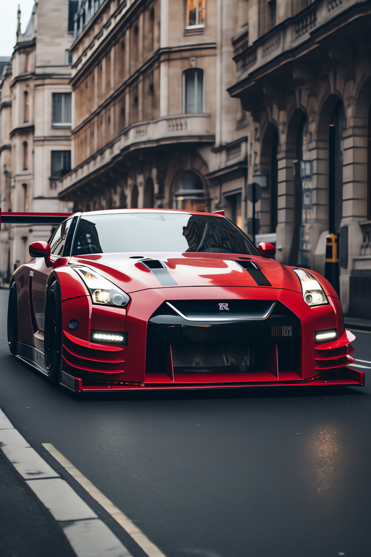 Nissan GTR Liberty Walk, London streets, Custom vehicle wrap, Classic British landmarks, Urban sports car presence, HD Phone Image