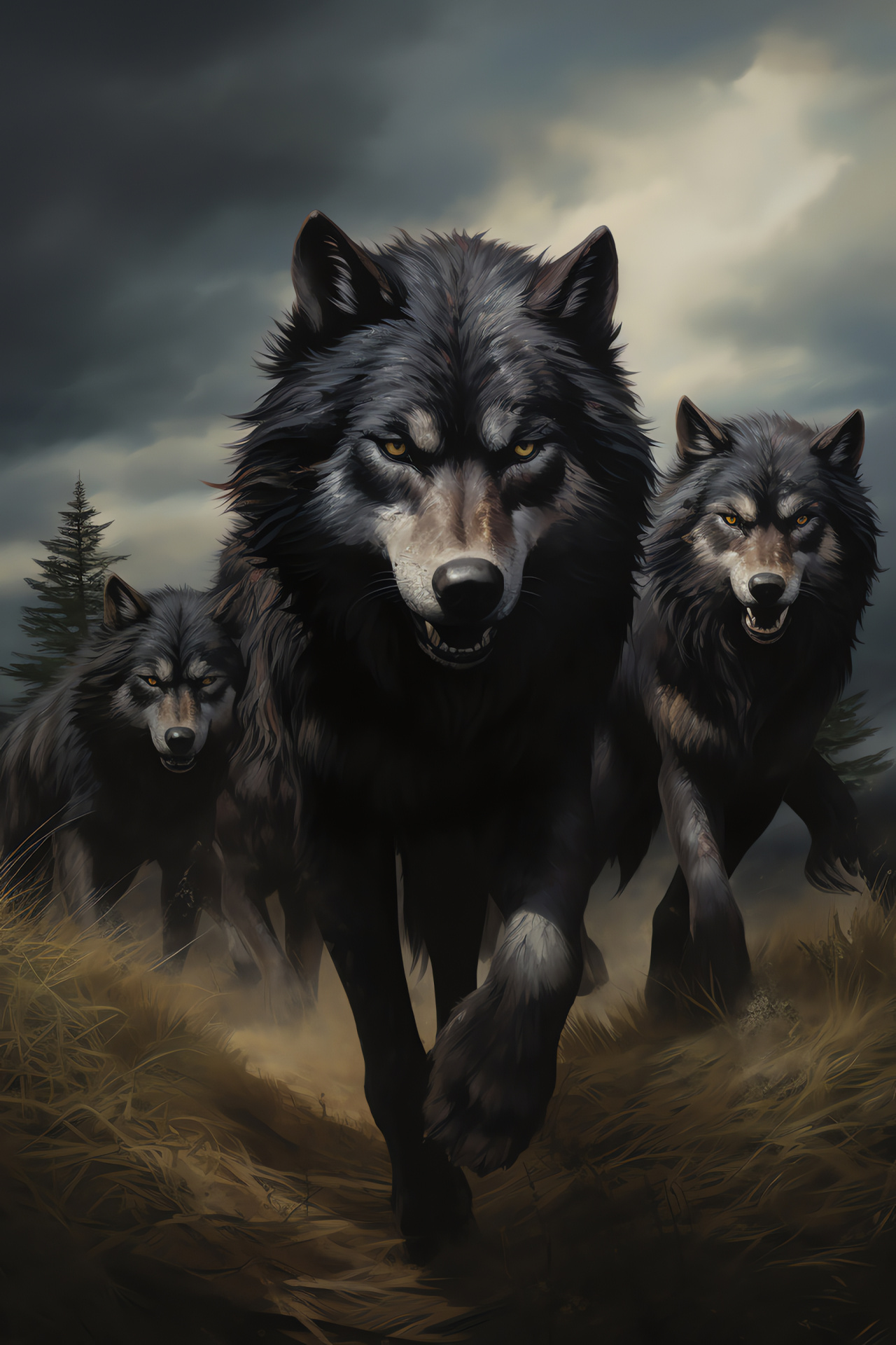 Timber wolf pack, Green-eyed canines, Mixed fur wolves, Forest predators, Animal pack, HD Phone Image