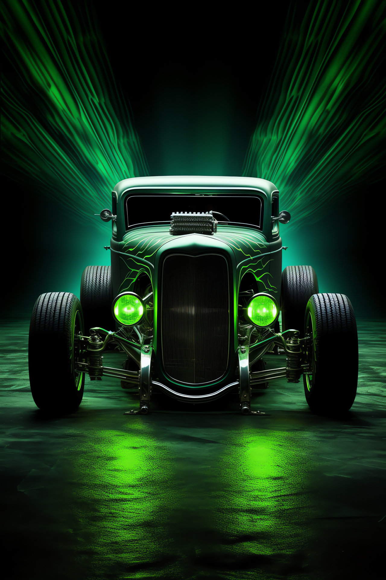 Rat Rod customization, Savage Fury model, broad angle perspective, black matte creation, green neon detailing, HD Phone Image