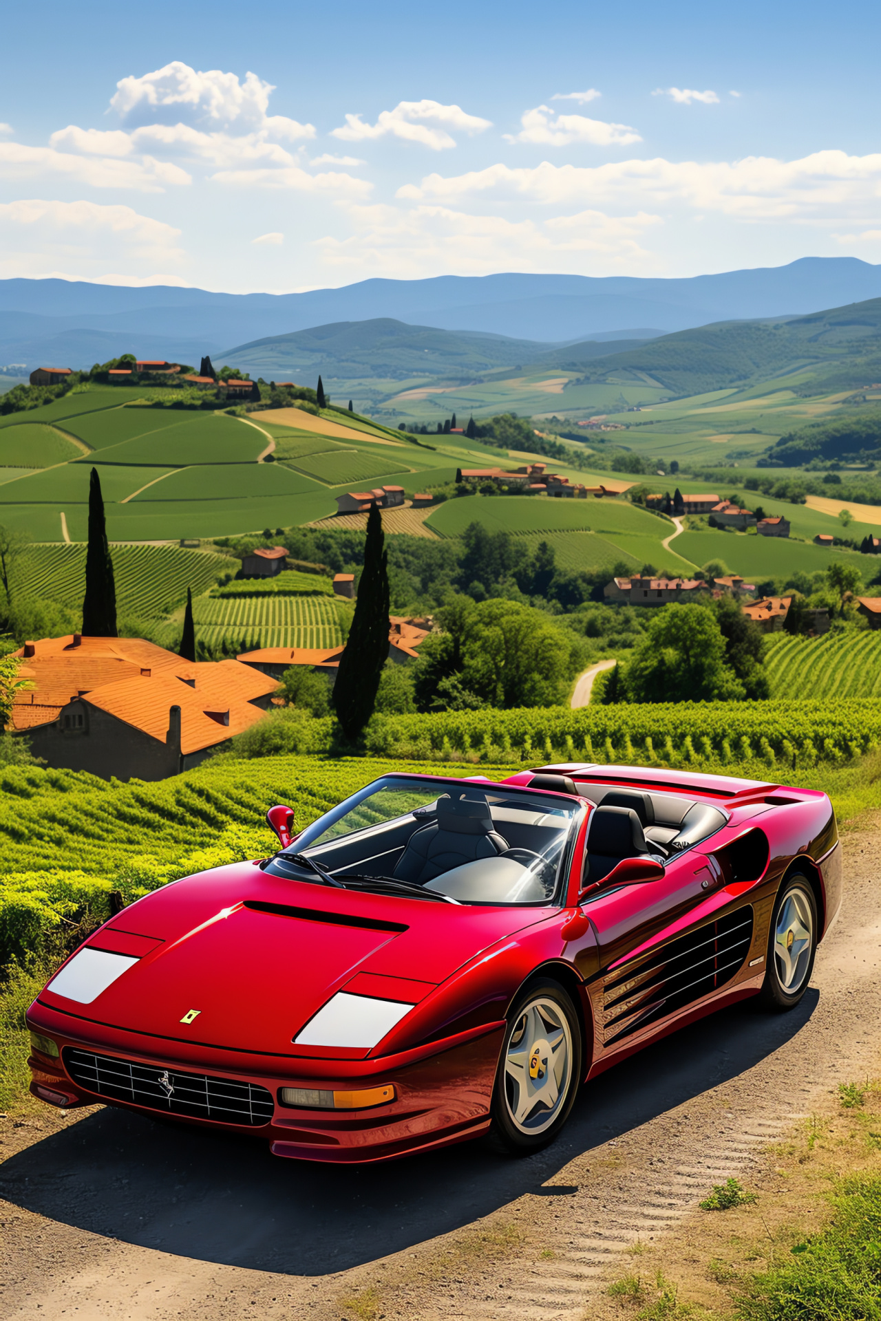 Testarossa Spider, Tuscany vineyards, Convertible beauty, Panoramic countryside, Italian grand tour, HD Phone Wallpaper