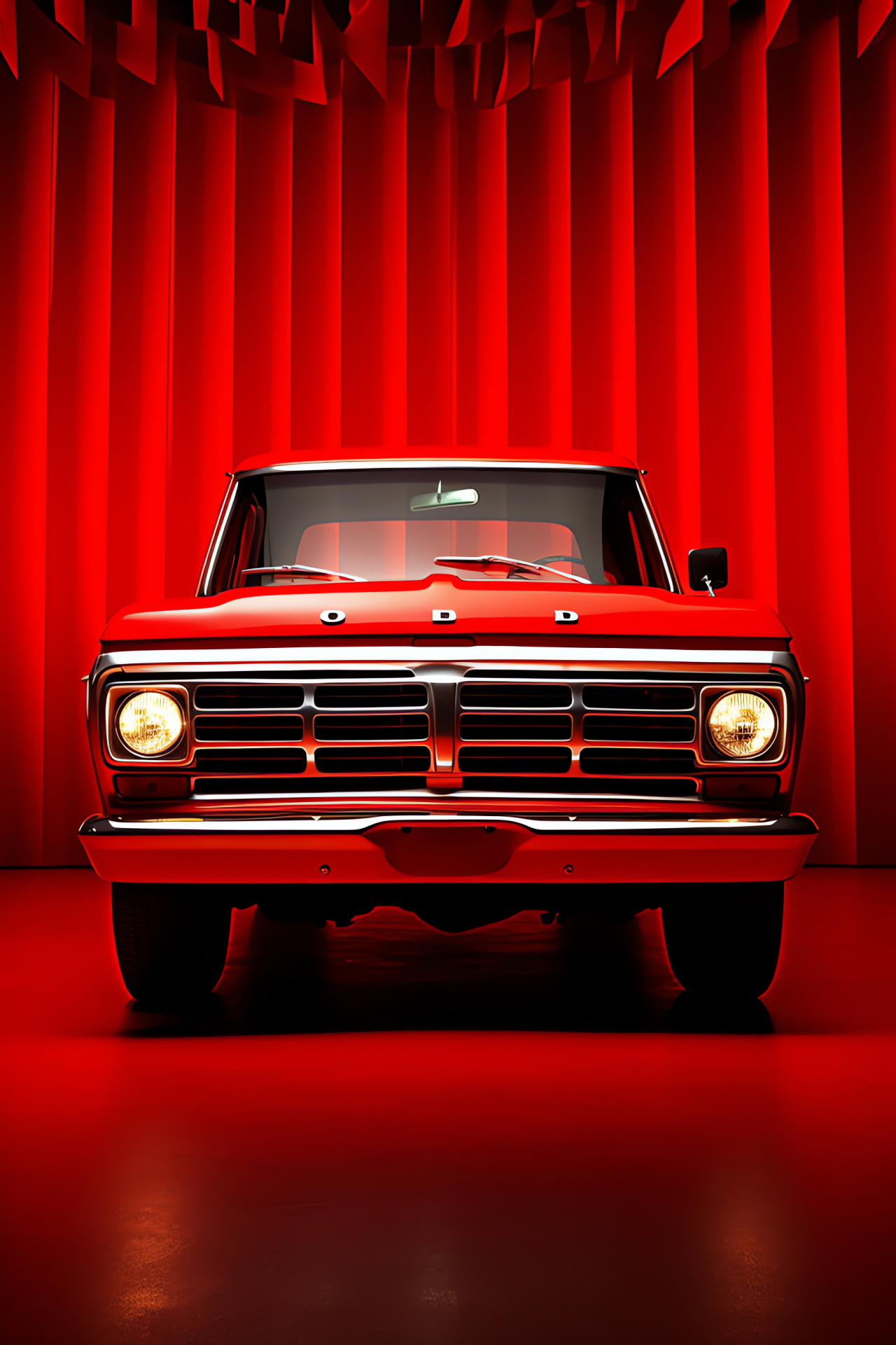 Ford F-1200 vintage, Expansive angle, Crimson shade, Contrast with red, Nostalgic vehicle, HD Phone Image