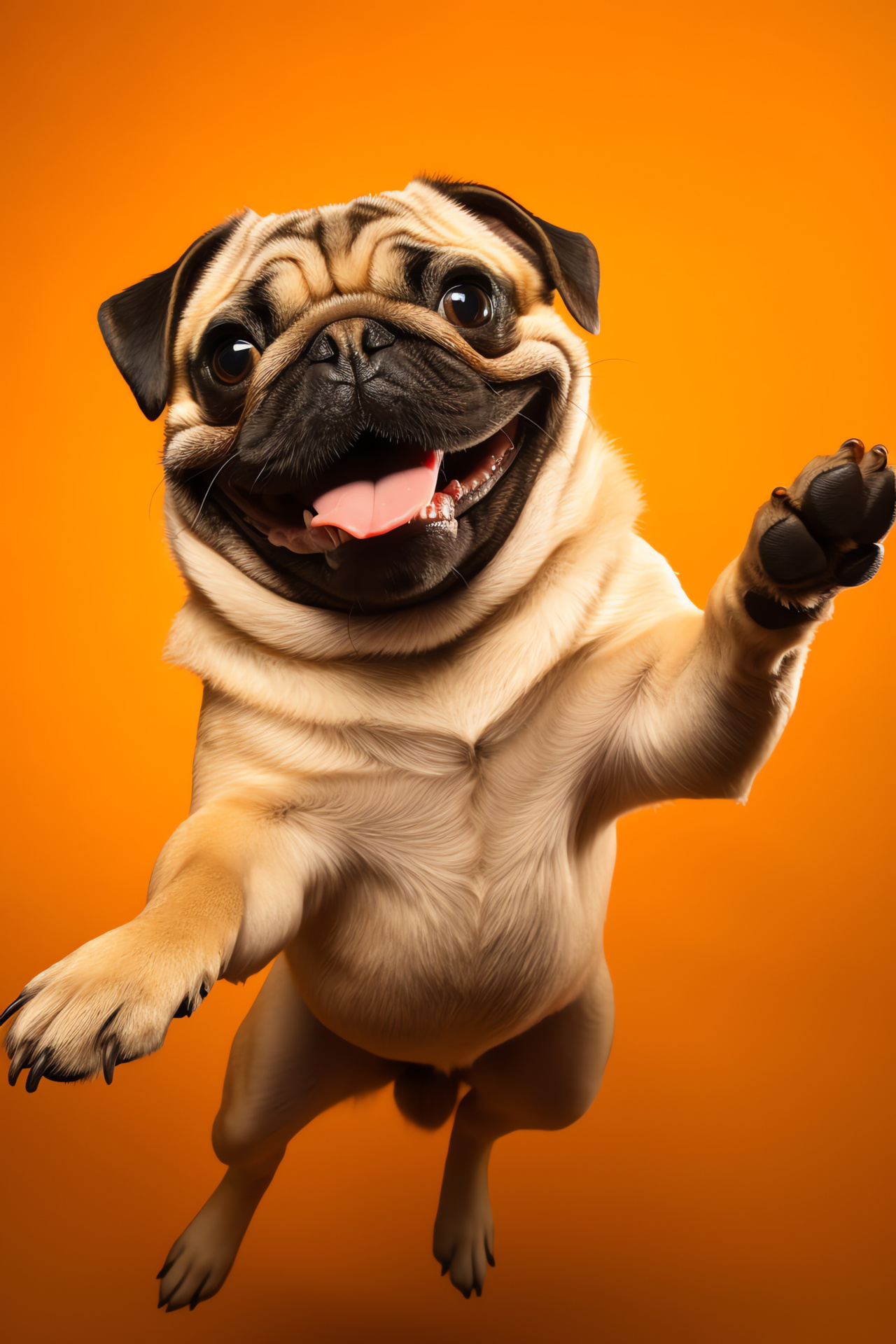 Pug breed, fawn fur, canine playfulness, compact size, orange backdrop contrast, HD Phone Image