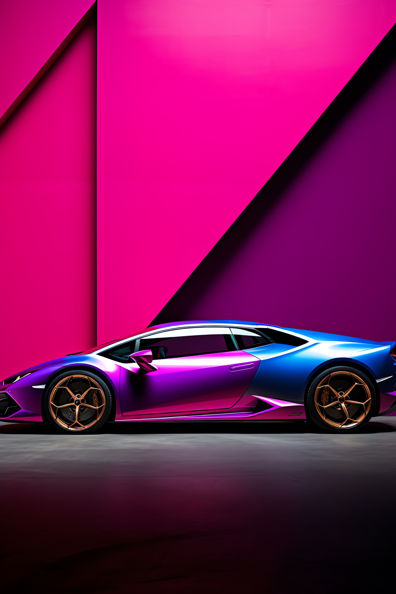 Lamborghini Huracn Performante, Side automotive angle, Triple-color backdrop, Vibrant purple hue, Pink and blue shades, HD Phone Image