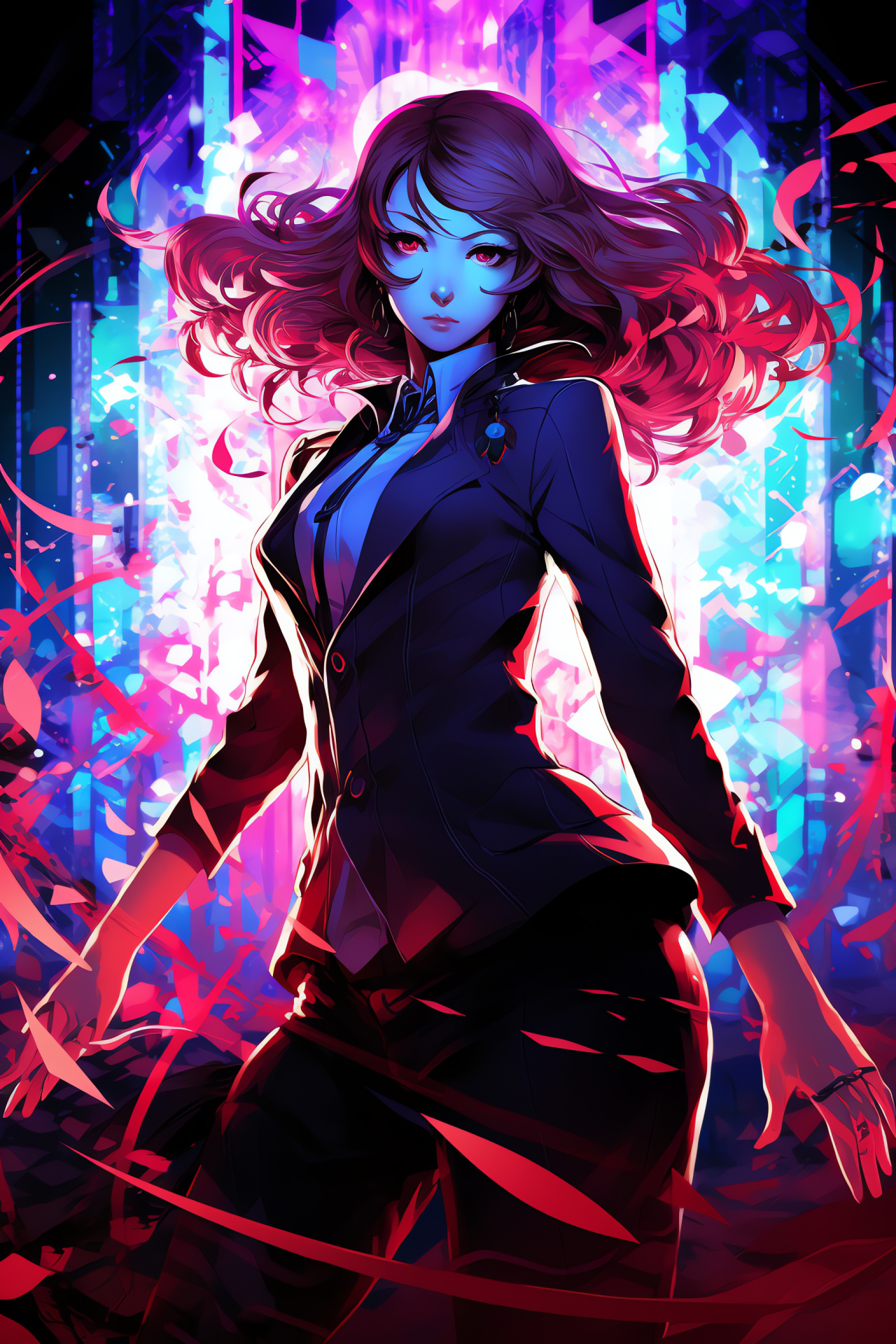 Persona 4 heroine, Rise Kujikawa in-game, Viridescent gaze, Rosy tendrils, Assured stance, HD Phone Image