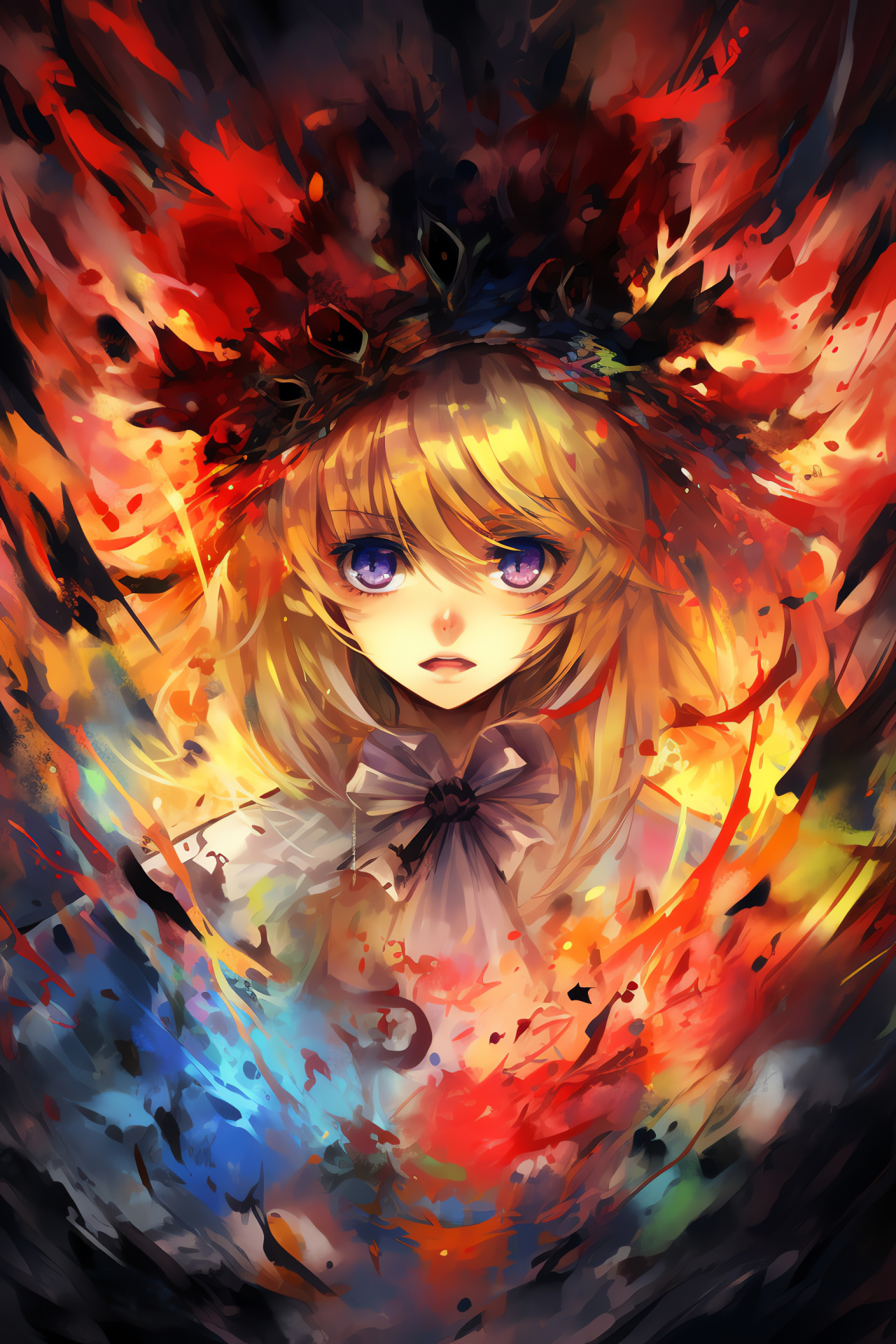 Flandre Scarlet Touhou, Vibrant fiery display, Platinum tresses, Surreal realm, Forbidden Scarlet sibling, HD Phone Image