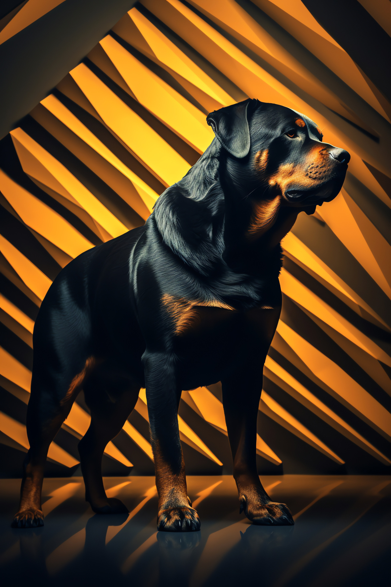 Rottweiler canine, Robust body structure, Dense black coat, Geometrically patterned background, Profile stance, HD Phone Wallpaper