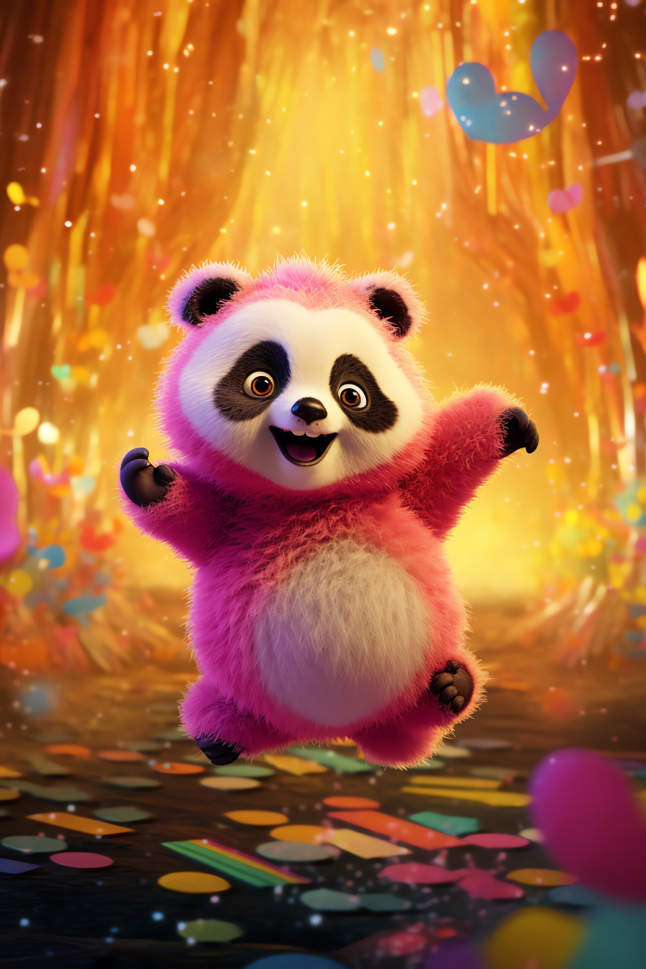 Fantasy pink panda, Colorful animal, Chromatic vision, Dense fur, Lively arboreal scene, Enchanted visuals, HD Phone Image