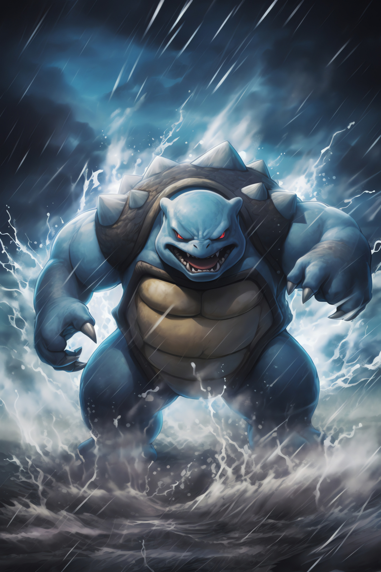 Blastoise in storm, Hydro Pump action, Defensive stance, Torrential backdrop, Kanto powerhouse, HD Phone Wallpaper