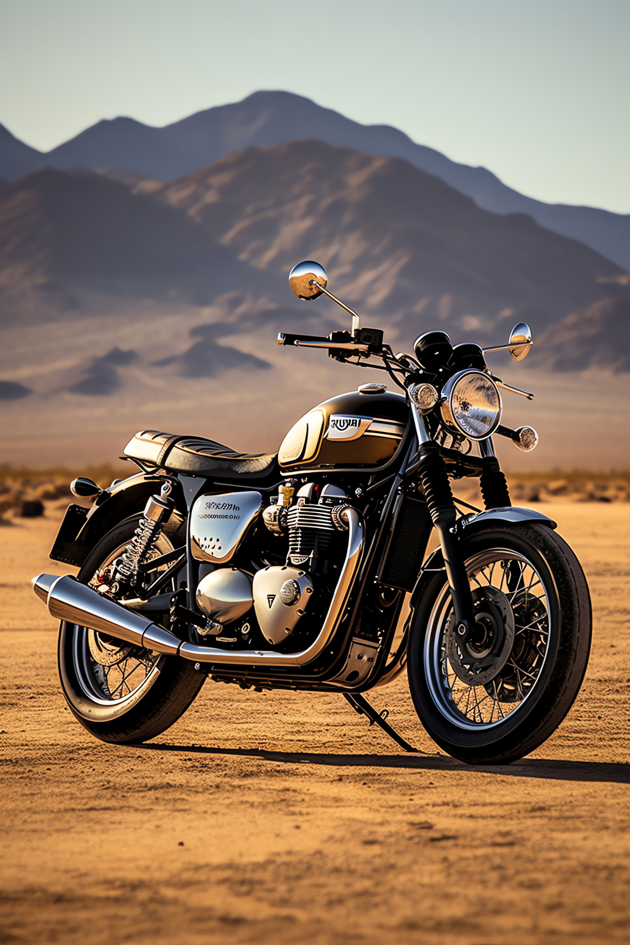 Triumph Bonneville journey, Route 66 exploration, American desert, Chrome motorcycle details, Relaxed rider posture, HD Phone Wallpaper