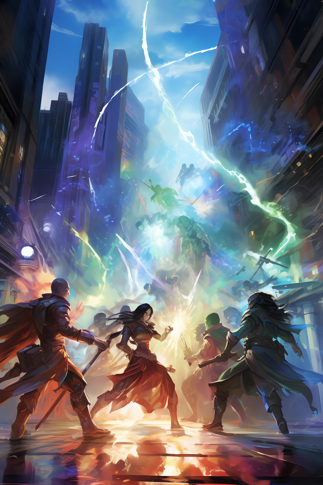 MTG planeswalker ensemble, Urban fantasy setting, Card gaming excitement, Collectible high-definition art, Strategy gameplay, HD Phone Wallpaper