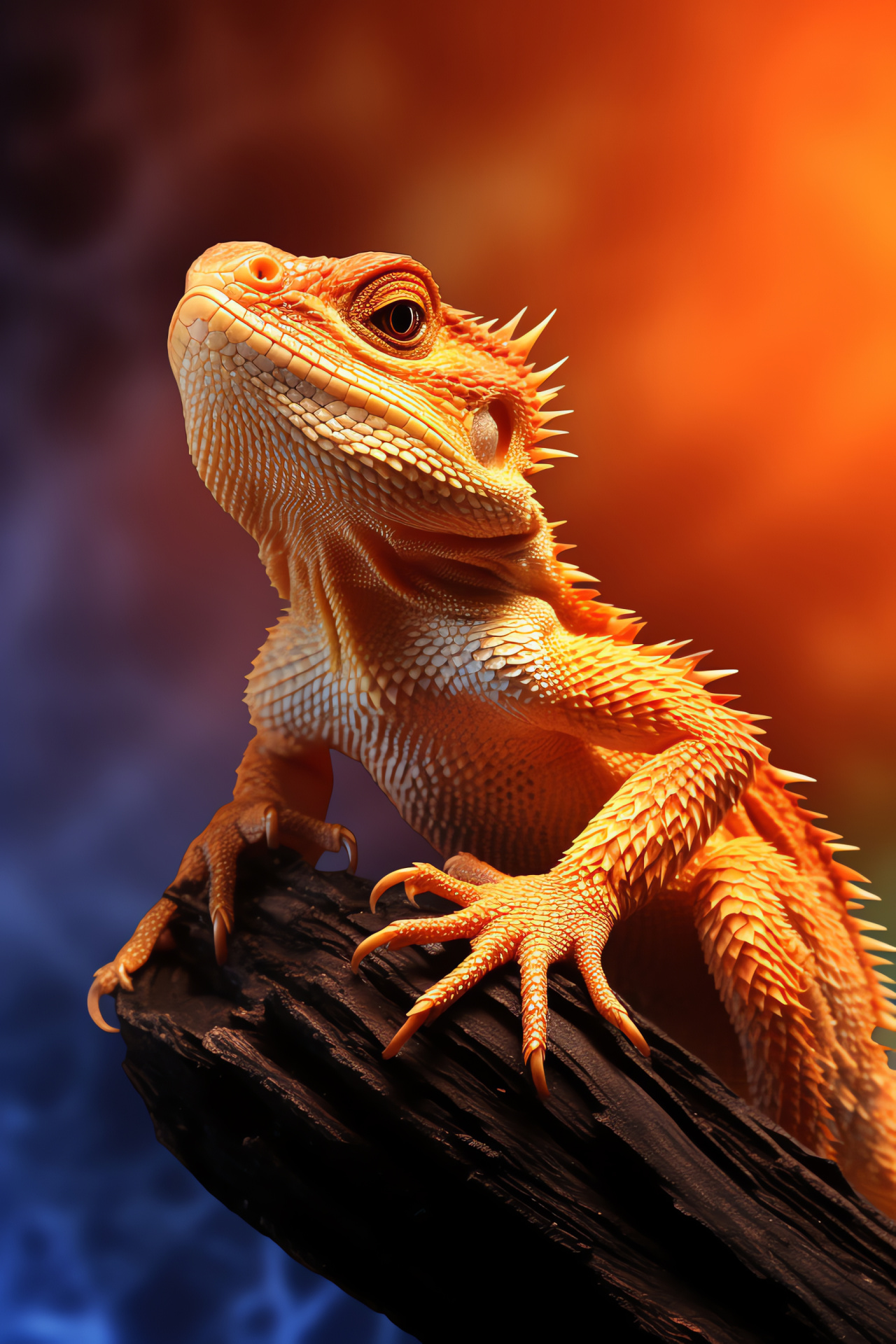 Bearded dragon, vibrant reptile, fiery texture, stark contrast, orange hues, HD Phone Image