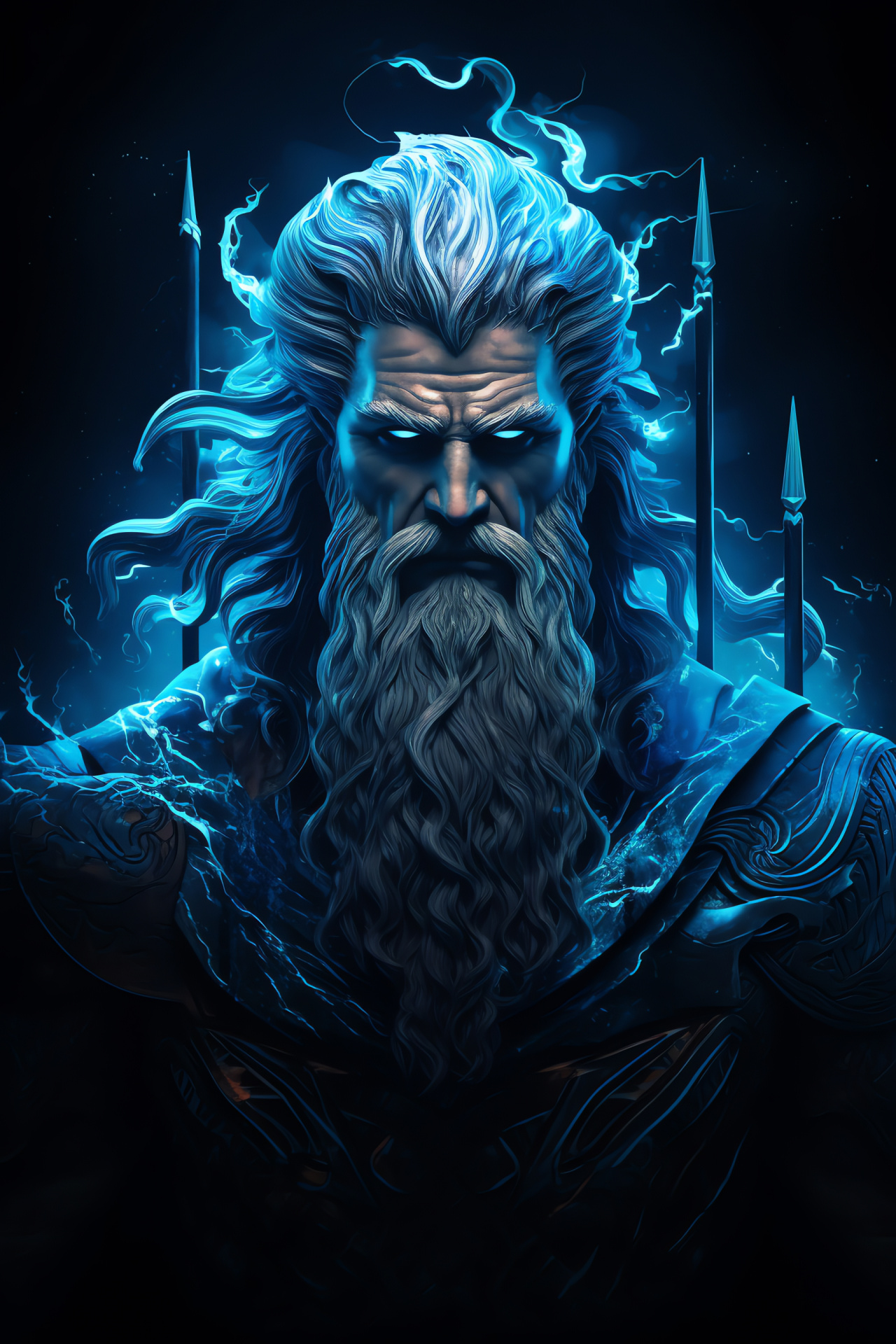 Pantheon Poseidon, God of seas deity, Oceanic blue gaze, Cerulean strands, Sea king's trident, HD Phone Image