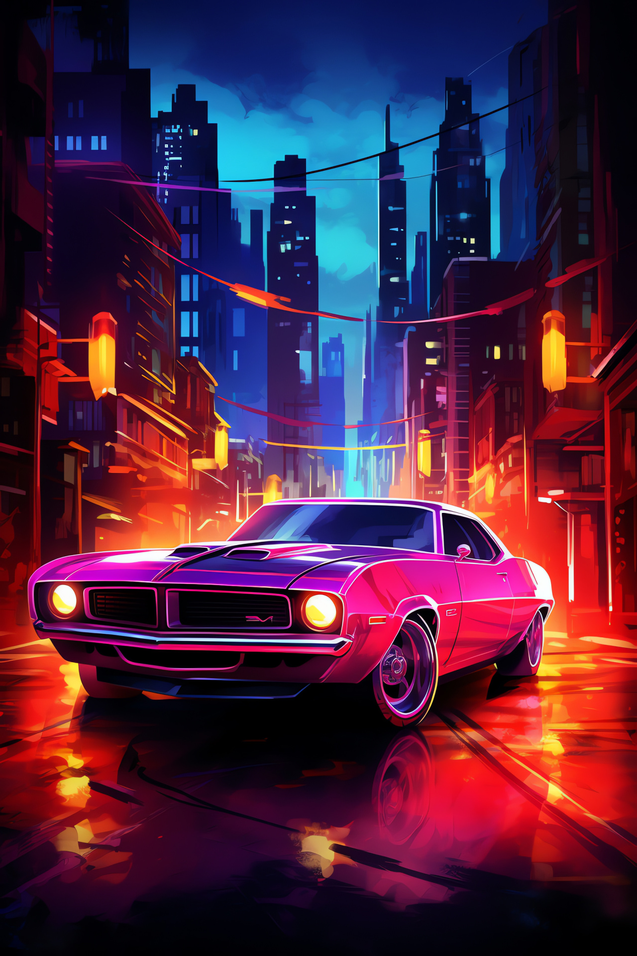 Classic car presence, Full-length sight, Sci-fi urban fantasy, Neon radiance, Modern nostalgia intersection, HD Phone Wallpaper