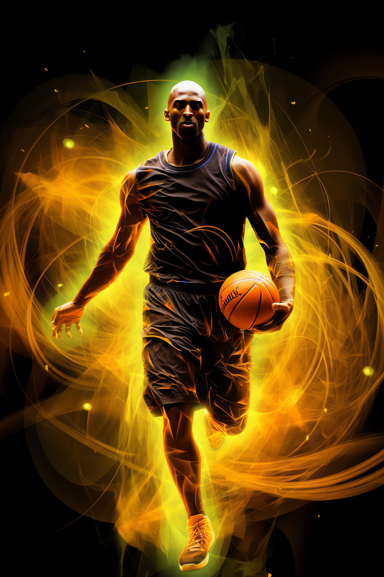 NBA Live edition, Kobe Bryant tribute, Luminescent lines art, Purple and gold Lakers uniform, Movement illusion, HD Phone Image