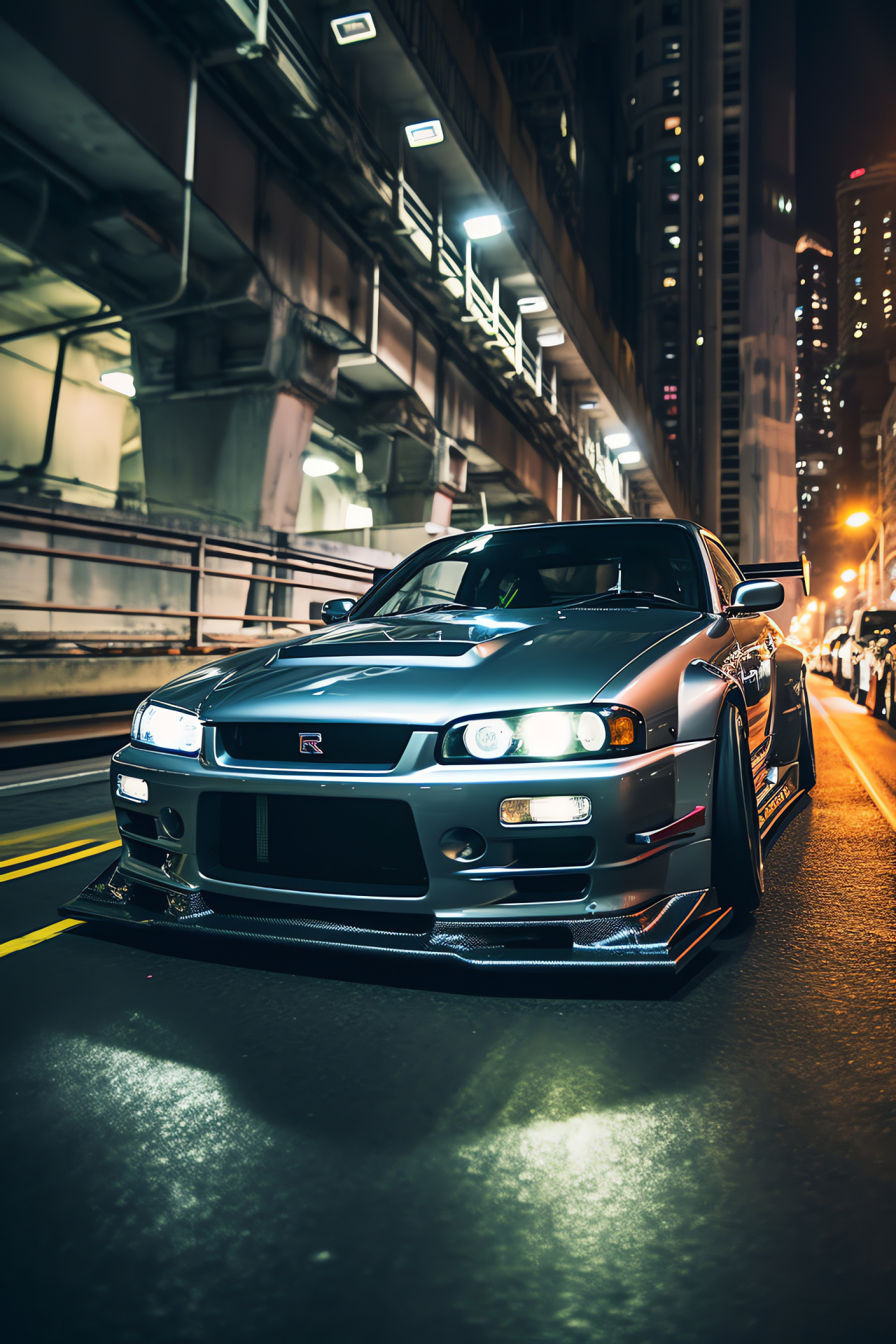 Nissan Skyline GTR R33, Tokyo nightlife, underground speed, city glow, auto culture, HD Phone Wallpaper