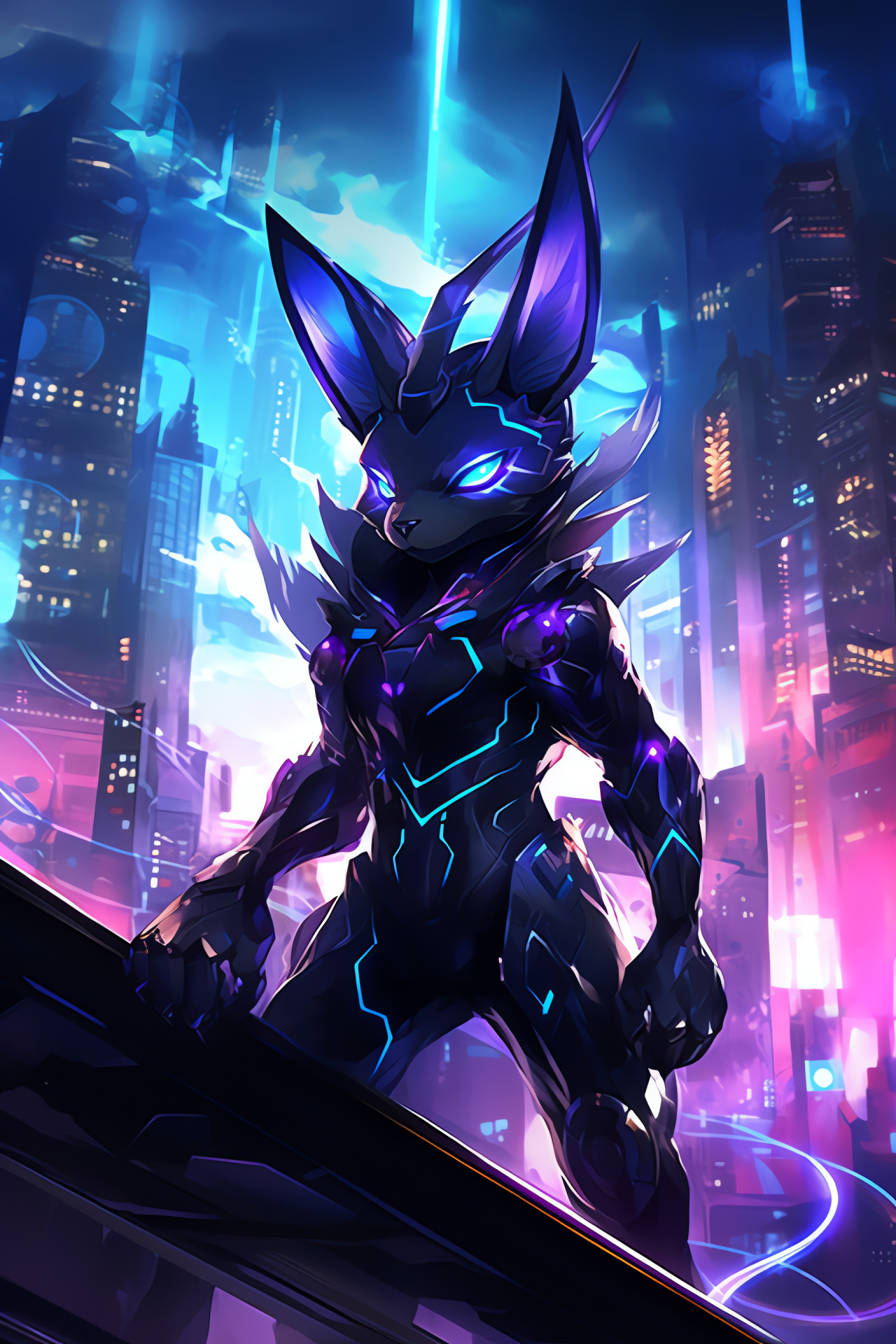 Shiny Umbreon, Video game creature, Cityscape illumination, Nocturnal Pokmon, Neon ambiance, HD Phone Wallpaper