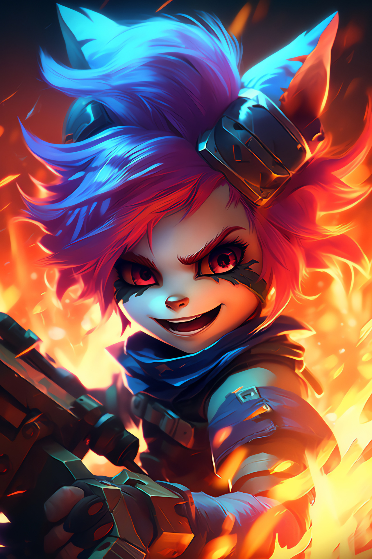 Yordle Tristana, Contrasting crimson shade, Cartoonish character, Dual-tone environment, Artistic fusion, HD Phone Image