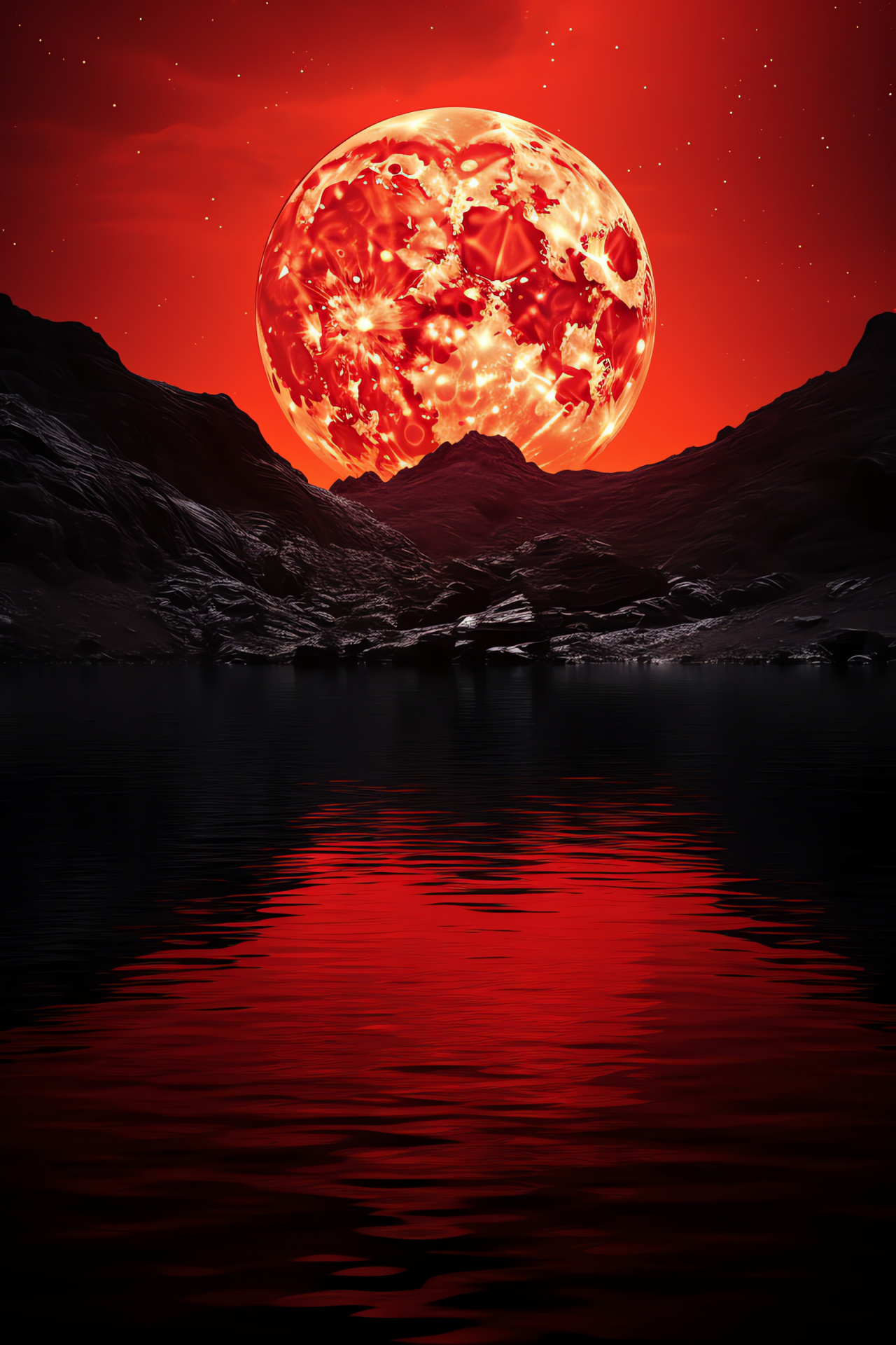 Lunar surface, blood moon coloration, cratered terrain, moon topography, celestial mountain ranges, HD Phone Image