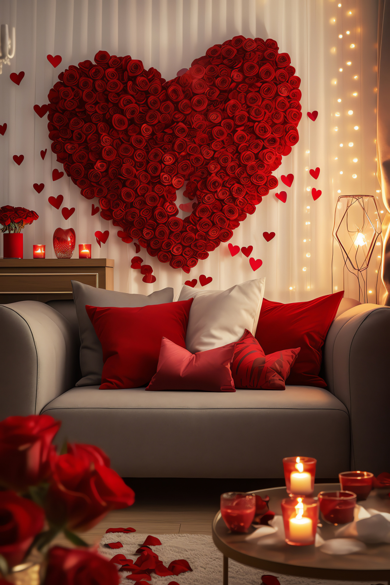 Rose-themed celebration, Symbolic hearts, Festive atmosphere, Comfortable setting, Romantic decor, HD Phone Image