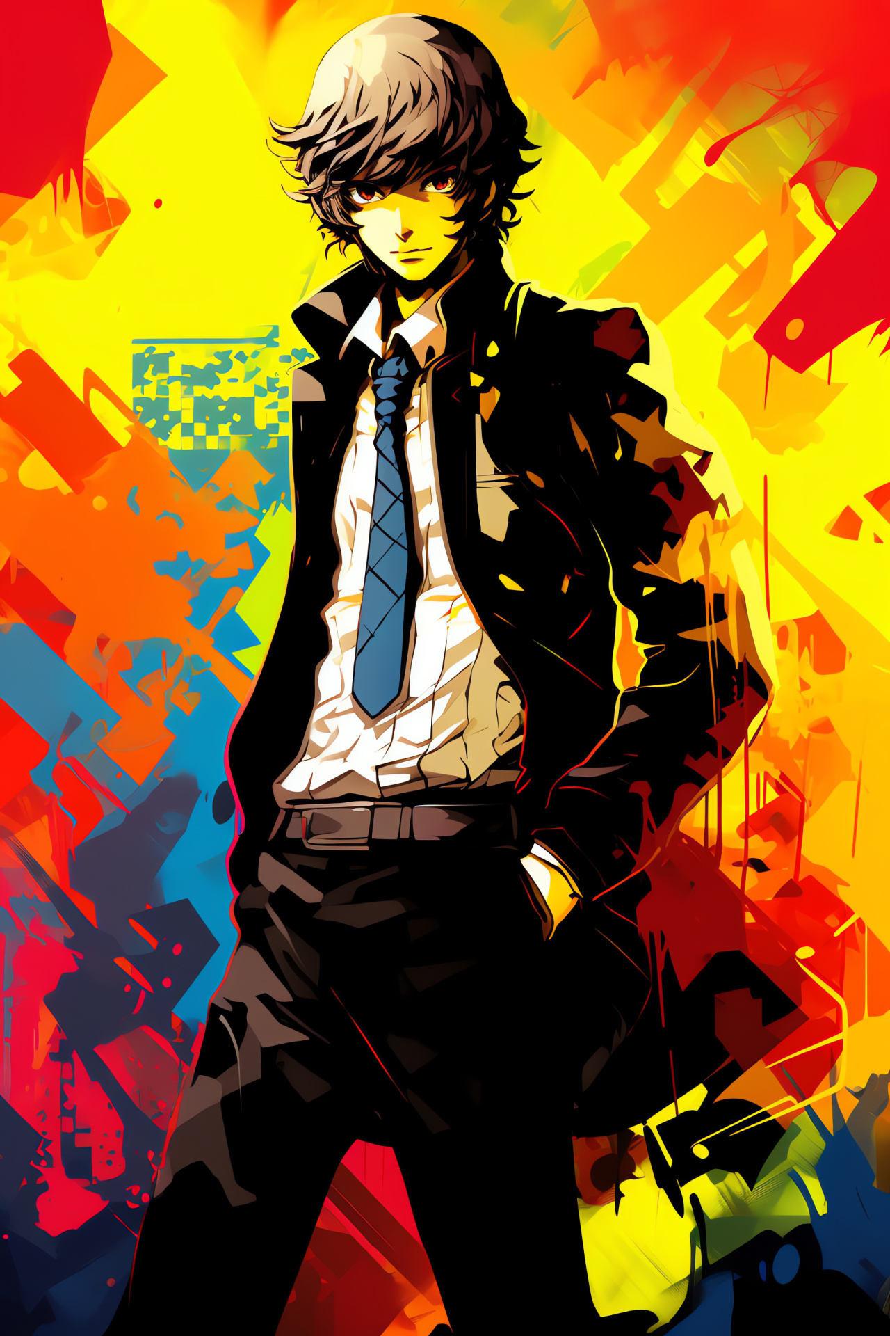 Persona 4 Protagonist, Azure gaze, Gaming avatar, Teenager height, Assertive stance, HD Phone Image