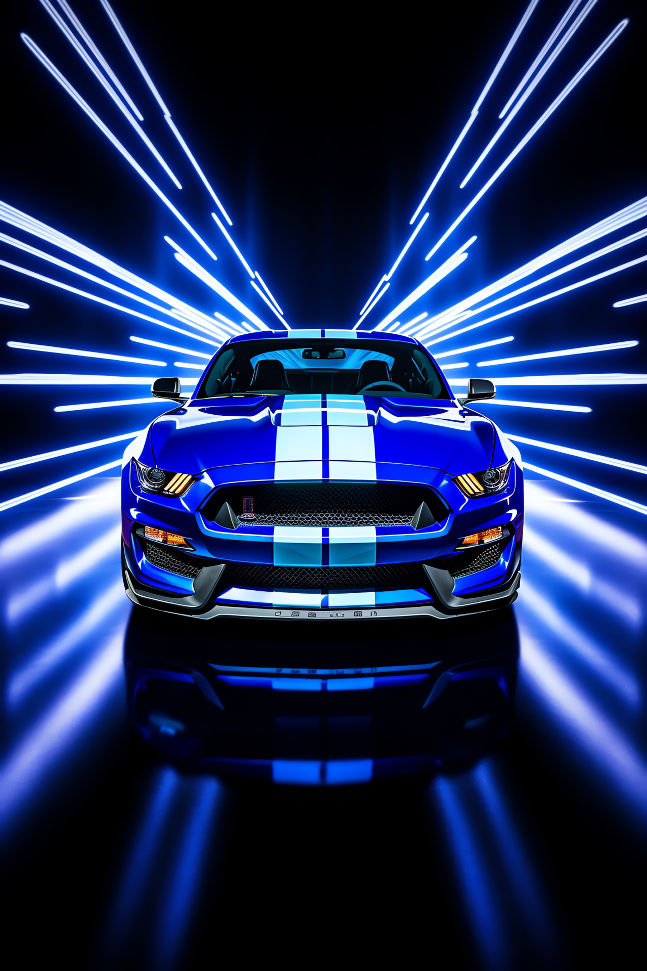 2016 Shelby Mustang GT350, Aerial automotive perspective, Electric blue illumination, Sporty coupe, Mustang heritage, HD Phone Image