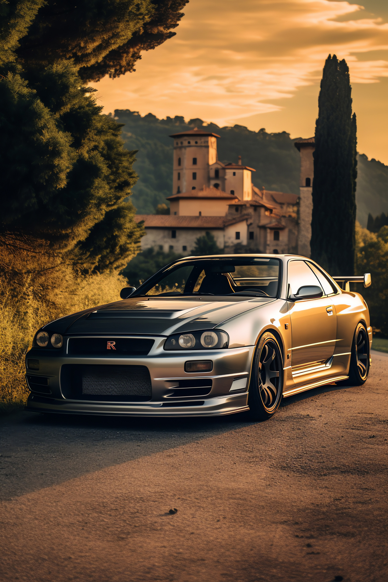 Nissan Skyline GTR R33, Italian landscape, Serpentine routes, Reflective silver chassis, GT-R insignia, HD Phone Wallpaper