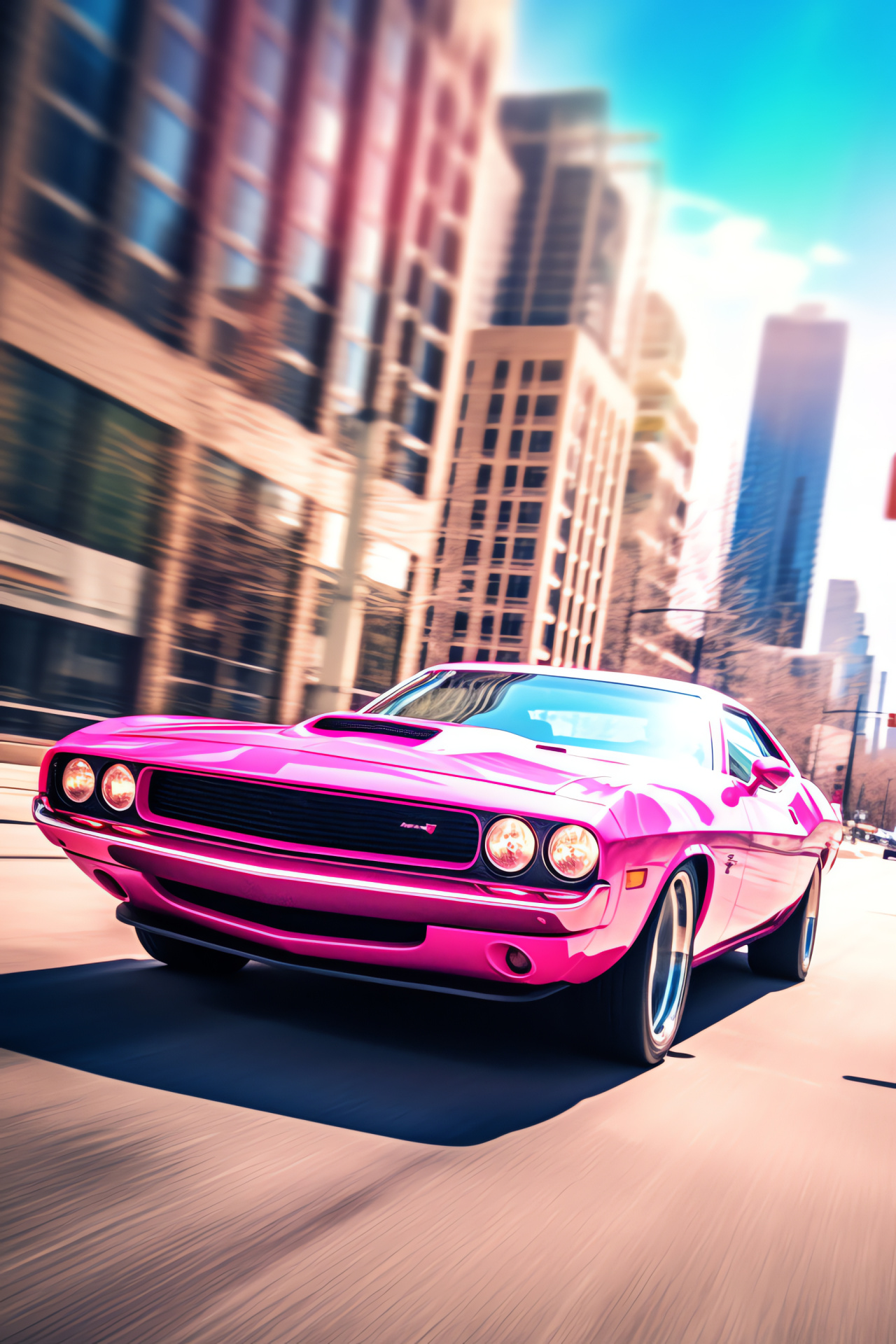 Pink muscle car, Manhattan avenue, Auto transportation, Urban architecture, New York skyline, HD Phone Image