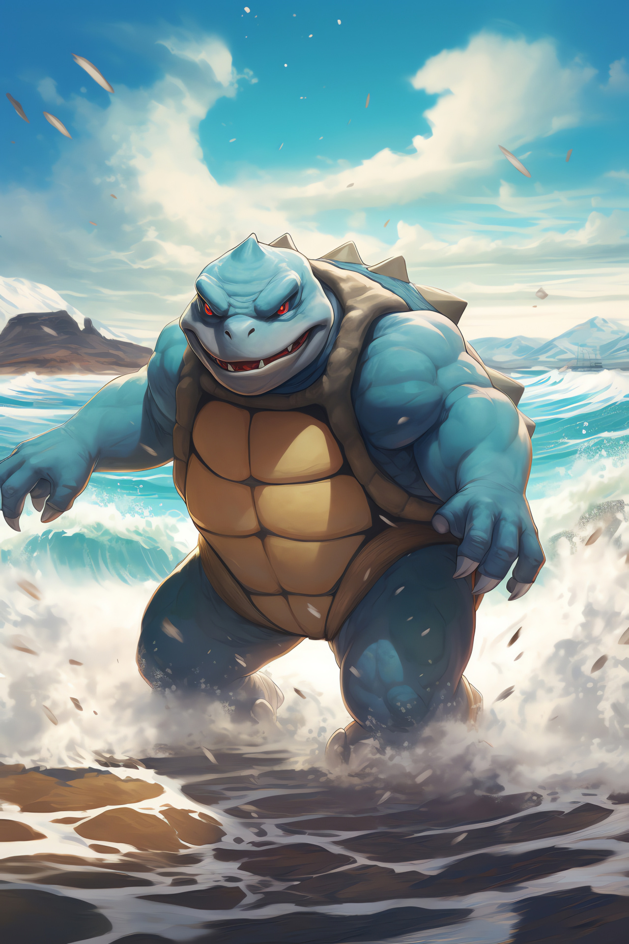 Shoreline guardian Blastoise, Seaside setting, Aquatic defender, Beach patrol, Shellfish inspiration, HD Phone Image