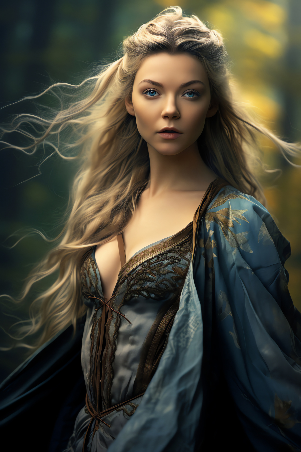 Actress Dormer, Mystic attire, Enchanted woodland, Towering flora, Time-honored scenery, HD Phone Image