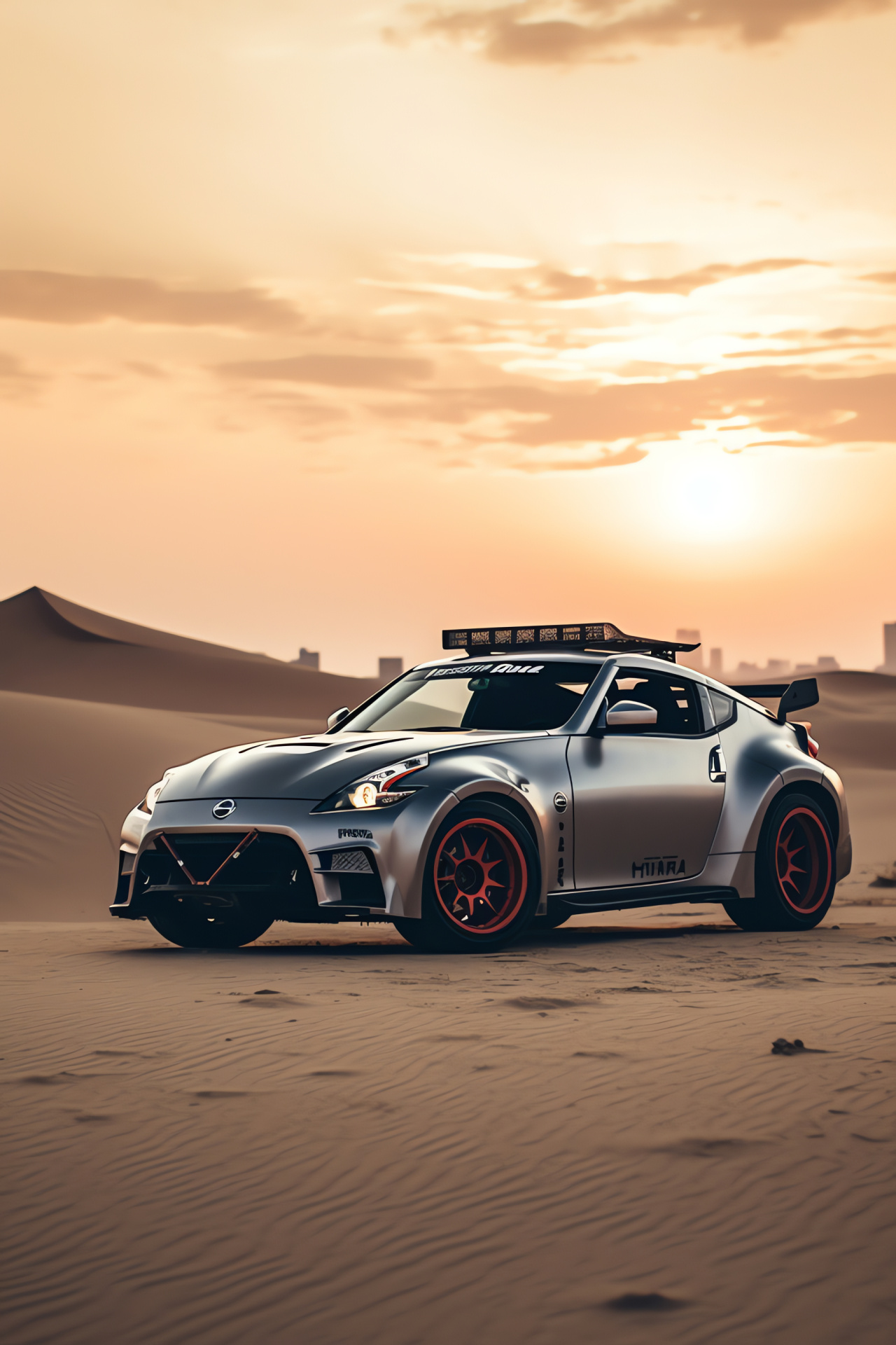 Rocket Bunny aero kit, Nissan 370Z UAE, Sand desert setting, Panoramic dunes shot, Automotive showcase, HD Phone Wallpaper