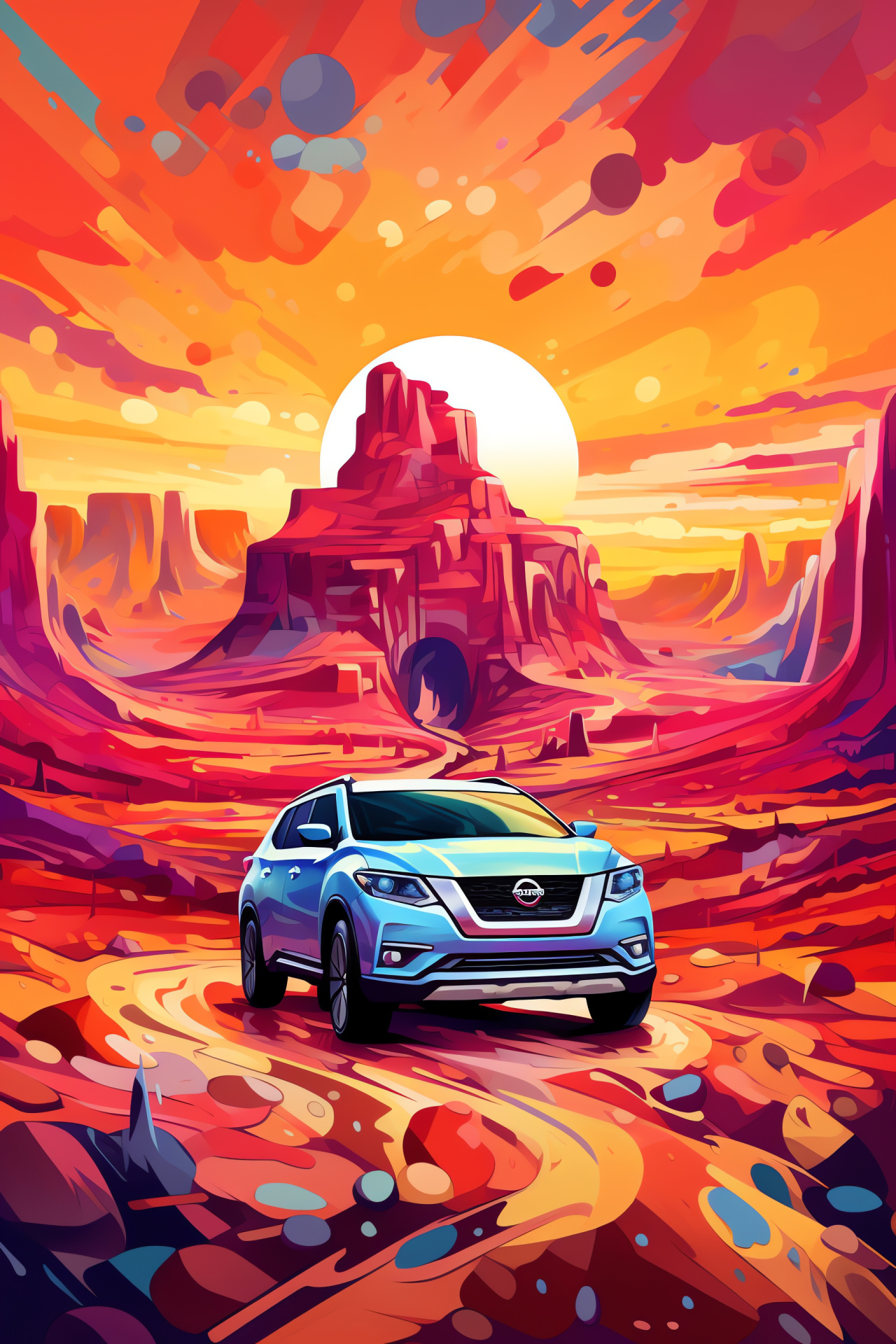 Nissan motif, fantasy realm backdrop, colorful spray technique, auto emblem art, dynamic color play, HD Phone Image