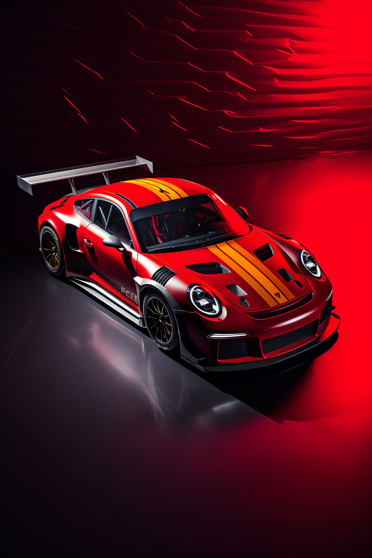 Porsche GT3 R power, Elevated angle capture, Striking red appeal, Triple hue interplay, Prowess exhibition, HD Phone Wallpaper