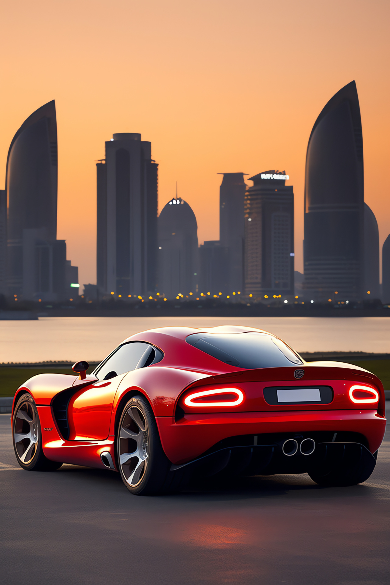 Viper SRT-10, Dubai skyline, luxury streetscape, modern architecture, sleek sports car, HD Phone Wallpaper