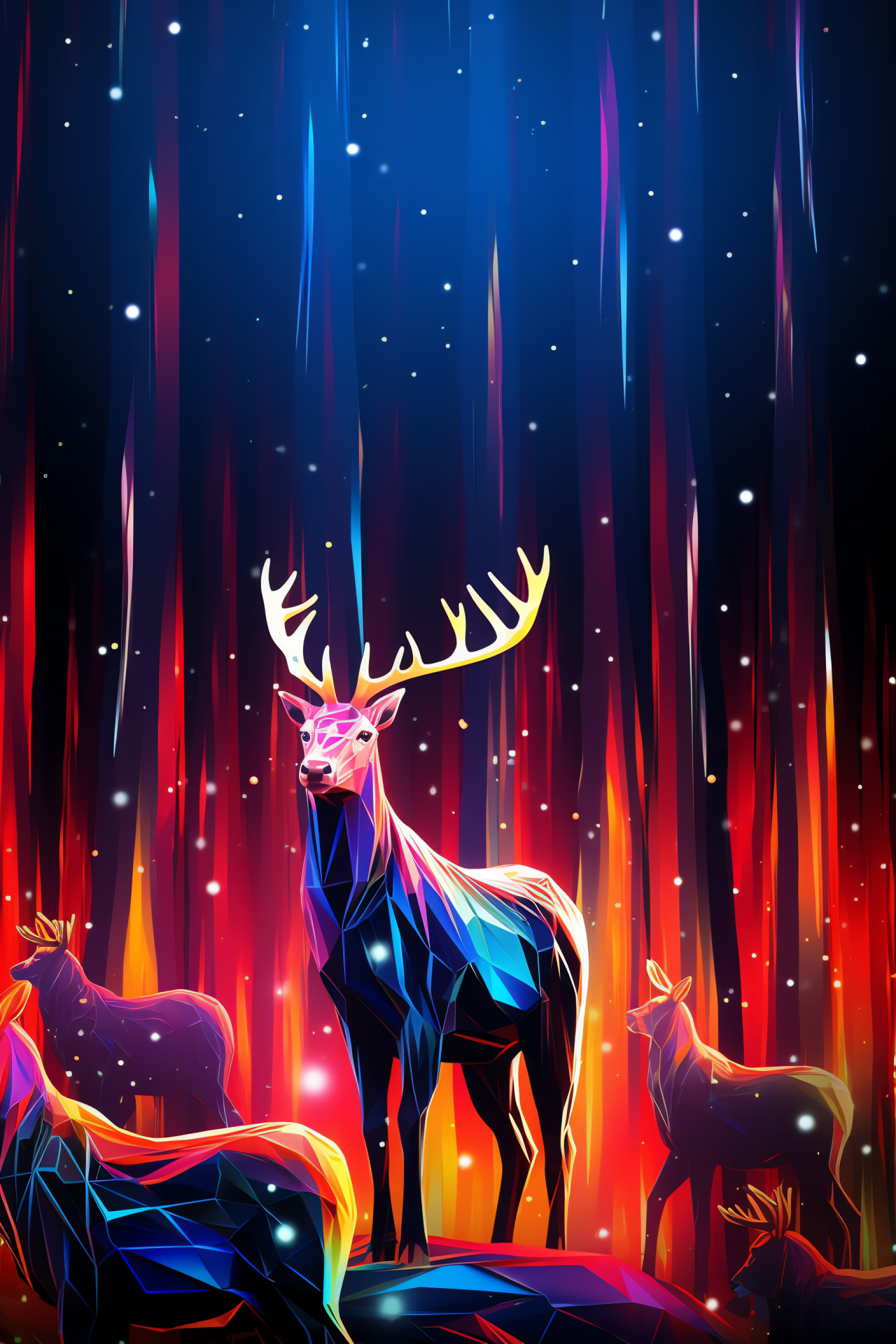 Reindeer, glowing backdrop, neon effect, blue-green eyes, brown-white camouflage, HD Phone Wallpaper