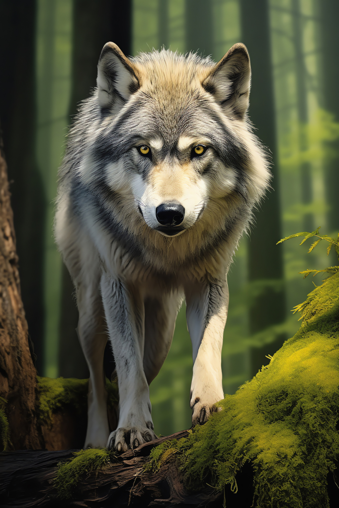 Gray wolf trace, Canid yellow stare, Lupine pelage, Woodland resting spot, Forest tranquility, HD Phone Wallpaper