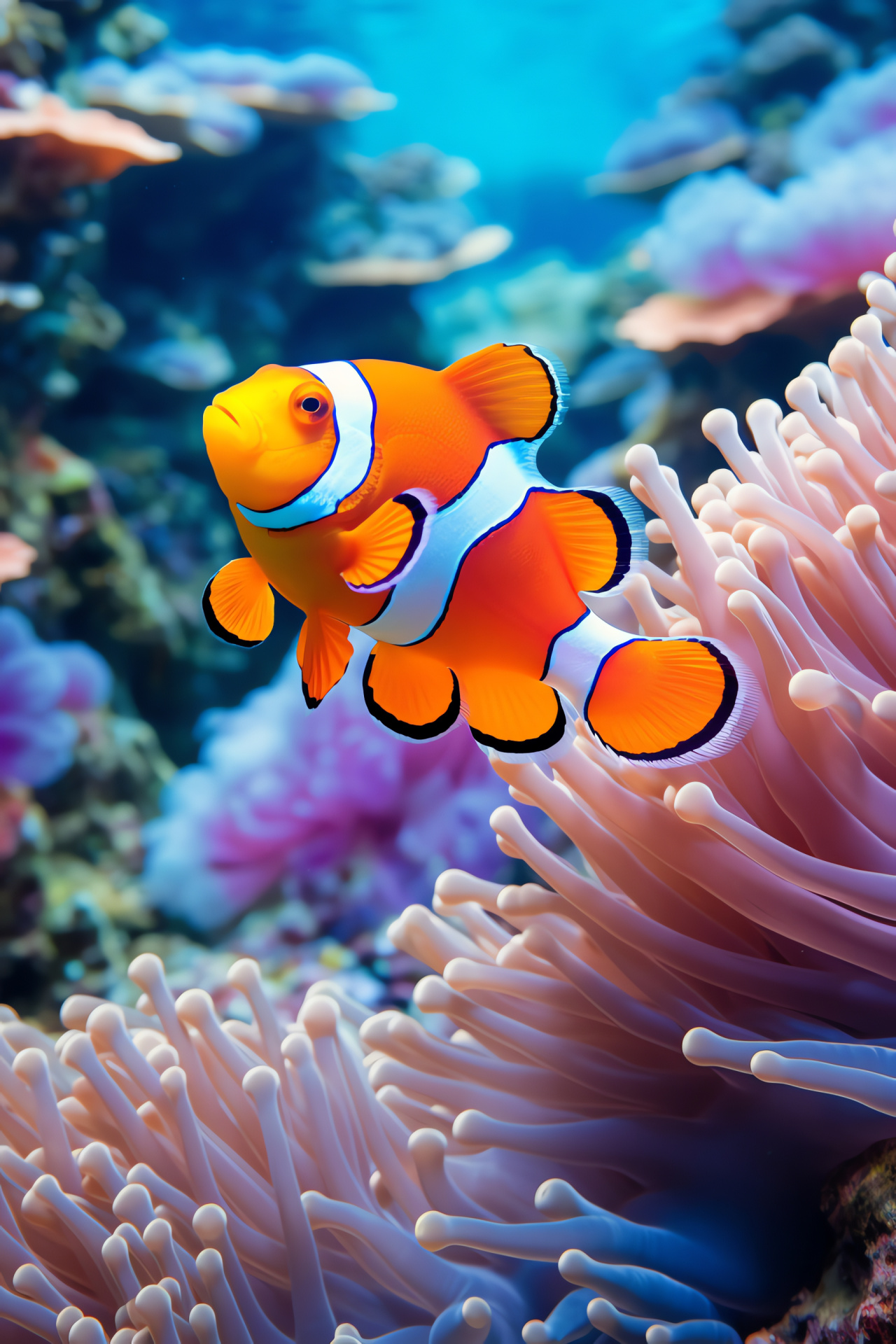 Clownfish in marine habitat, striking aquatic color, coral reef resident, tropical fish species, underwater scenery, HD Phone Wallpaper