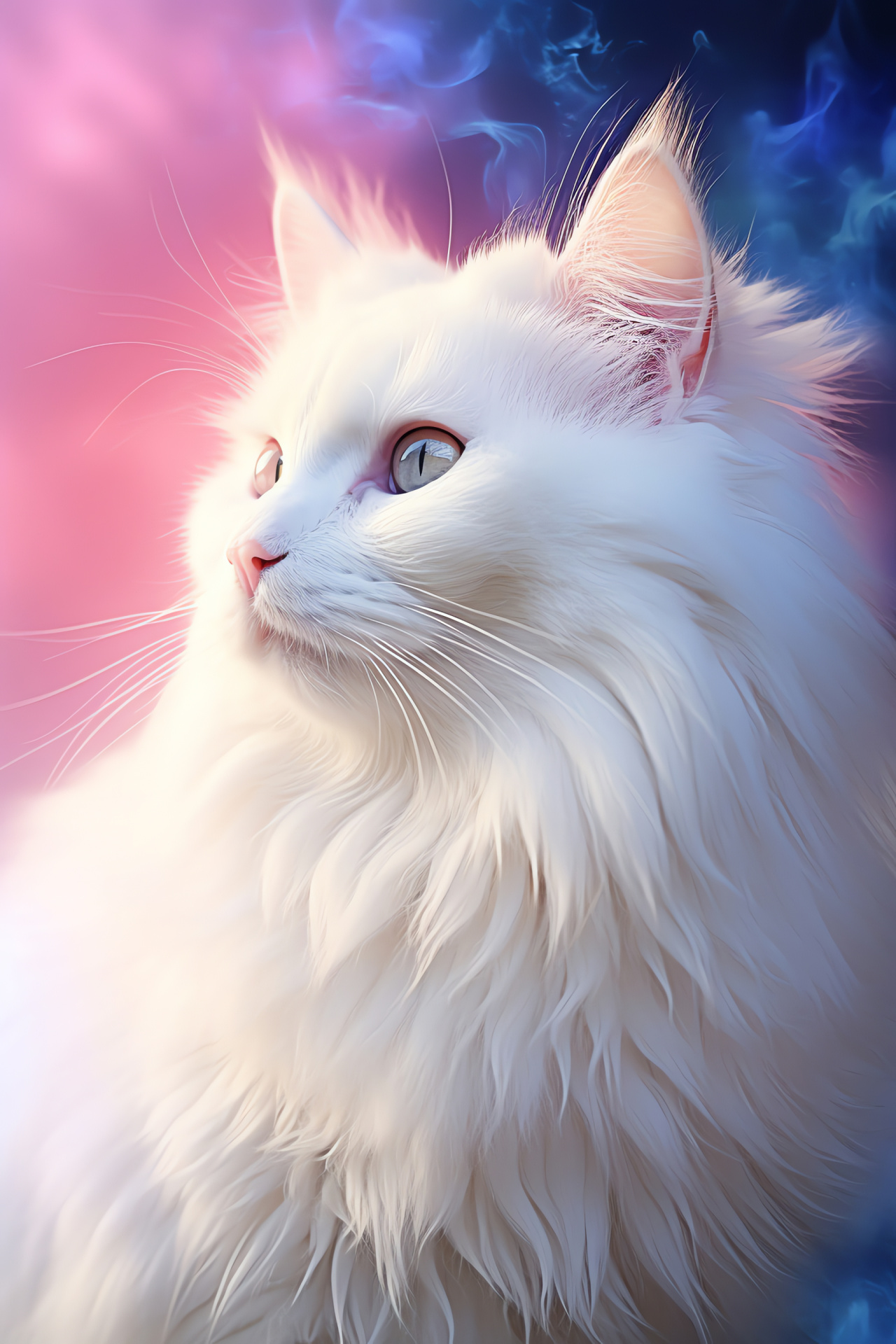 Long-Furred White Cat, Feline elan, Multi-tone backdrop, Cat pristine appearance, Rendered feline allure, HD Phone Wallpaper