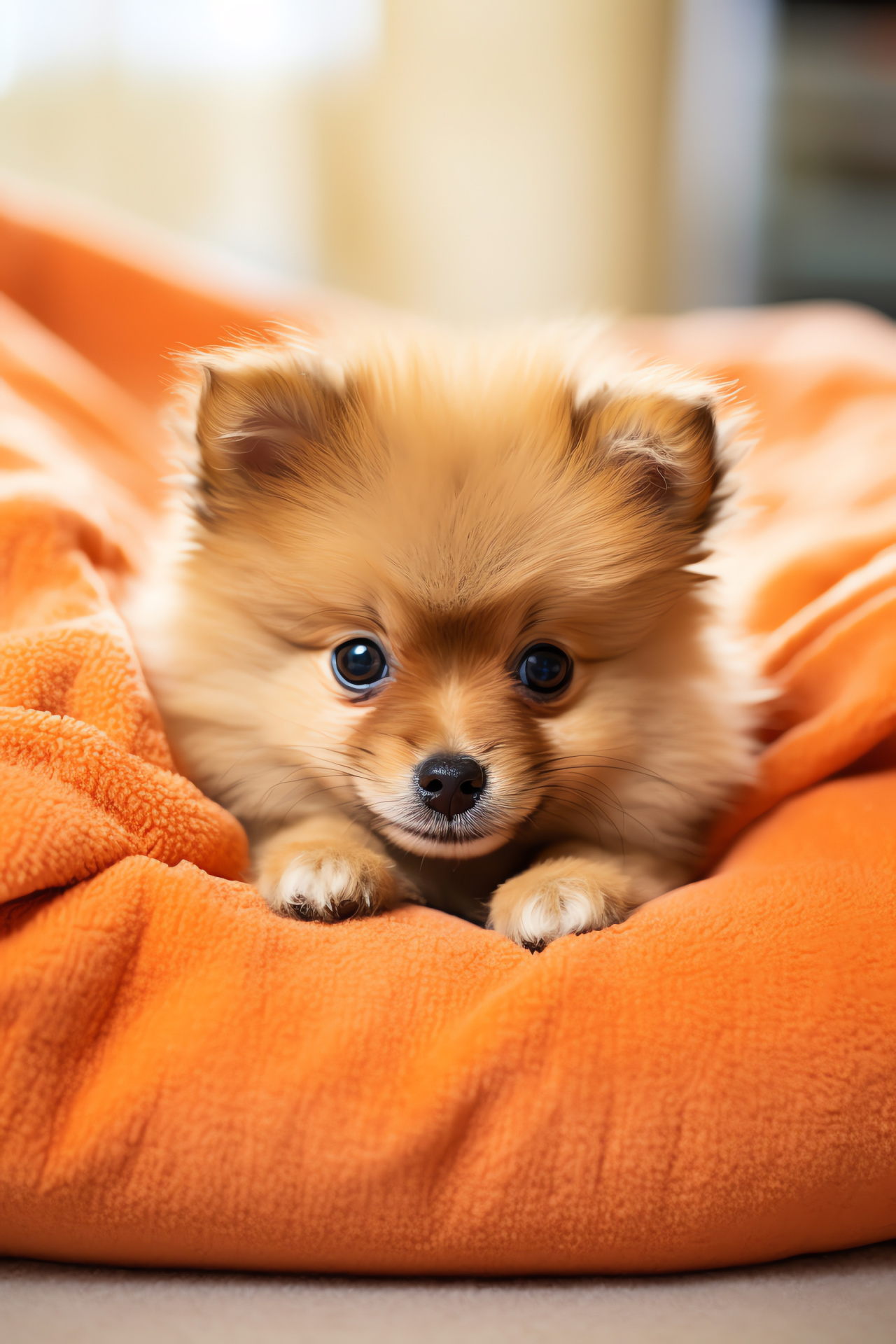 Pomeranian puppy, orange fur, round-eyed pet, fluffy coat, toy dog breed, HD Phone Wallpaper