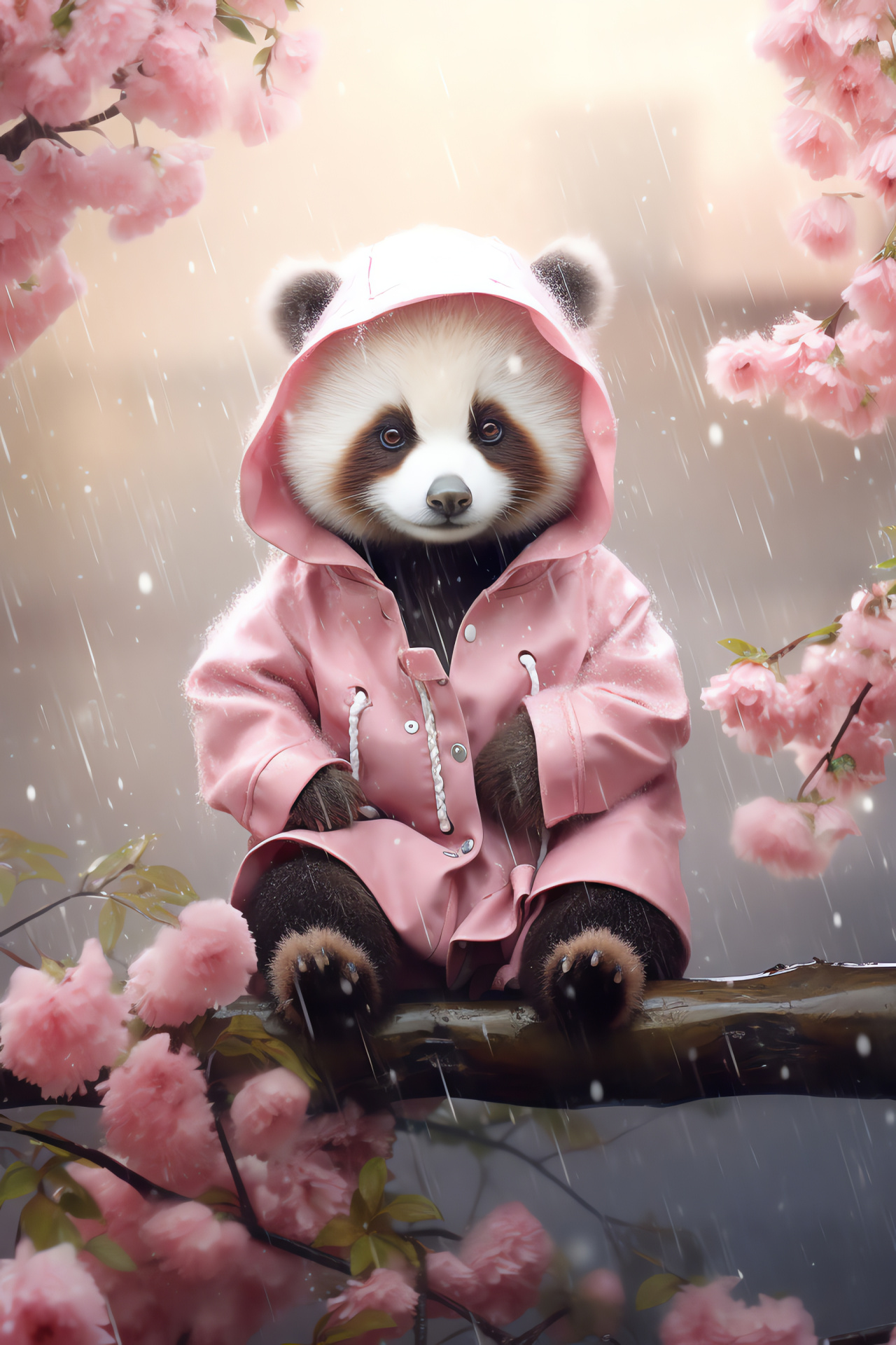 Gentle Pink Panda, Placid animal visage, Pastel fur color, Garden tranquility, Blooming flora surrounding, HD Phone Wallpaper