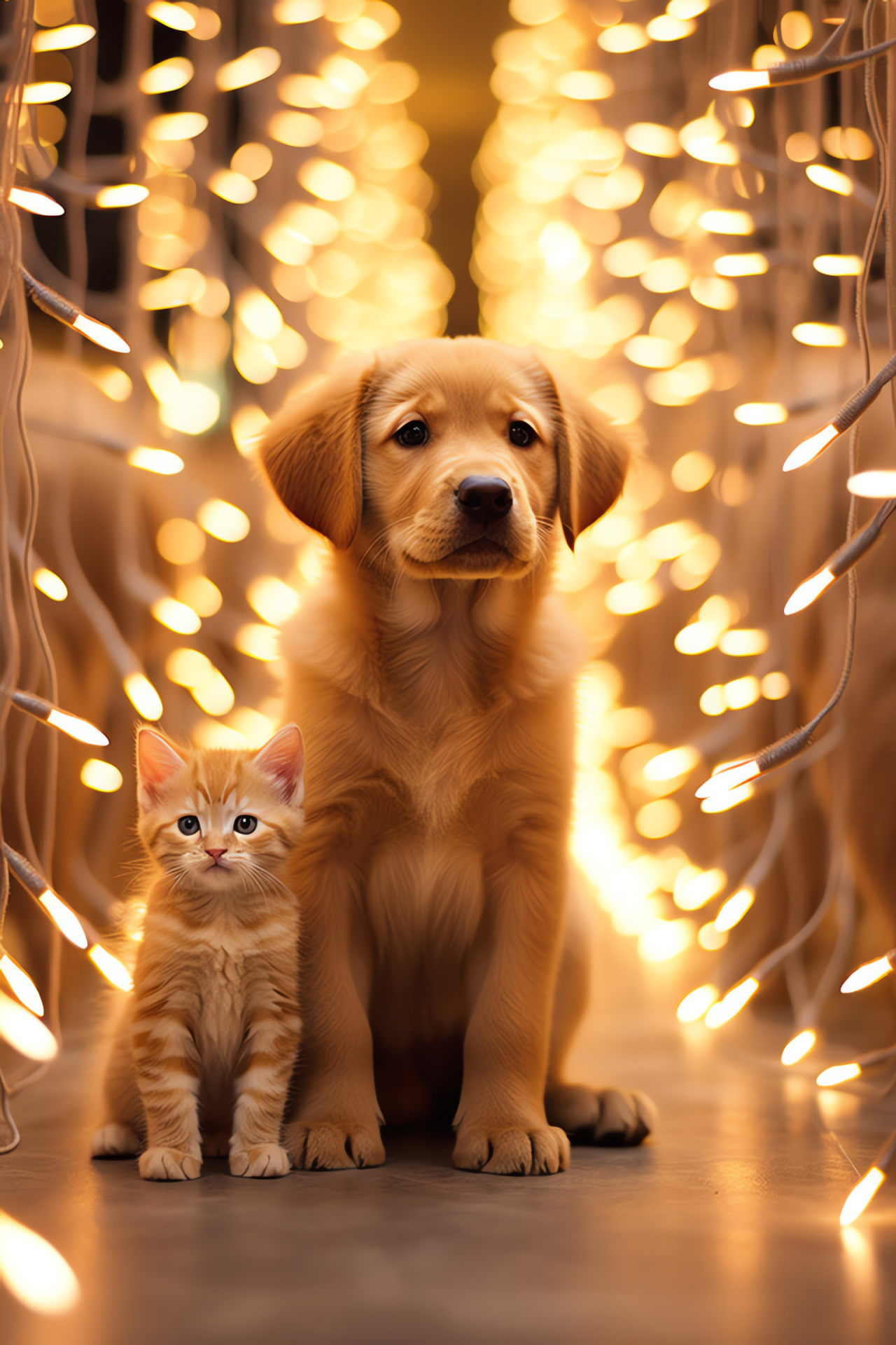 Golden Retriever Company, Puppy and kitten playfulness, Deep gaze connection, Shiny canine fur texture, Visual glowing lines effect, HD Phone Image