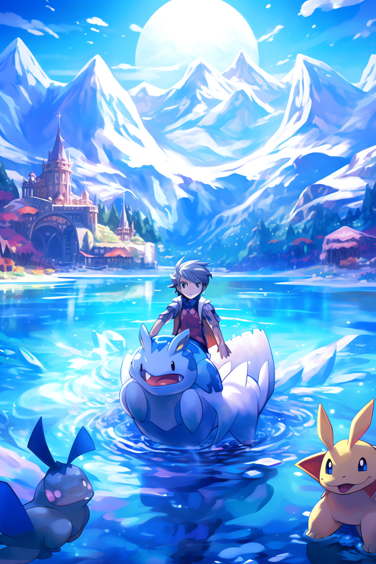 Pokemon White journey, Lacunosa Town scene, Tranquil Lapras voyage, Icy liquid expanse, Snow-laden village, HD Phone Image