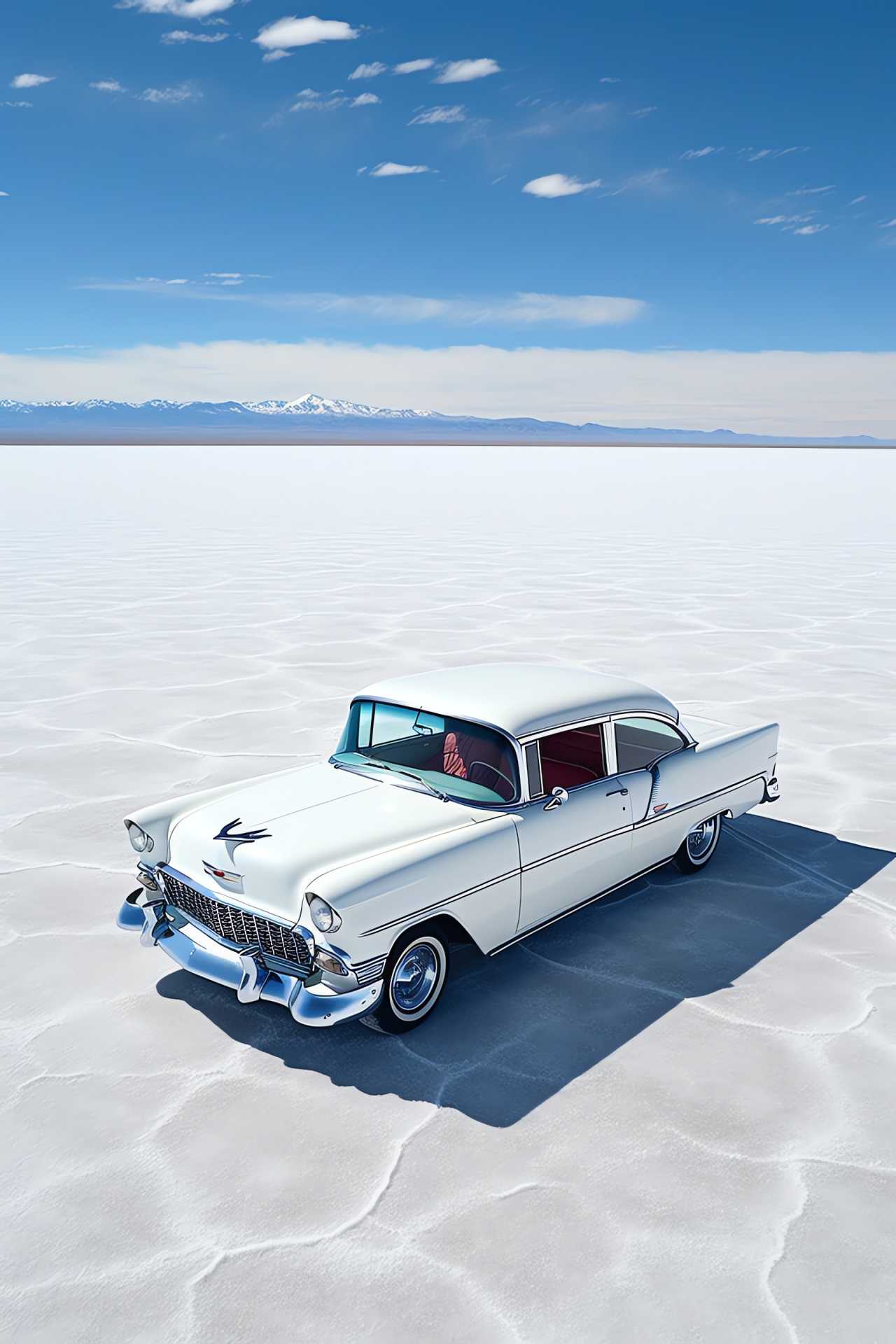 Chevrolet Bel Air, Utah Bonneville flats, Scenic panorama, Shiny white finish, Expansive skyline, HD Phone Wallpaper